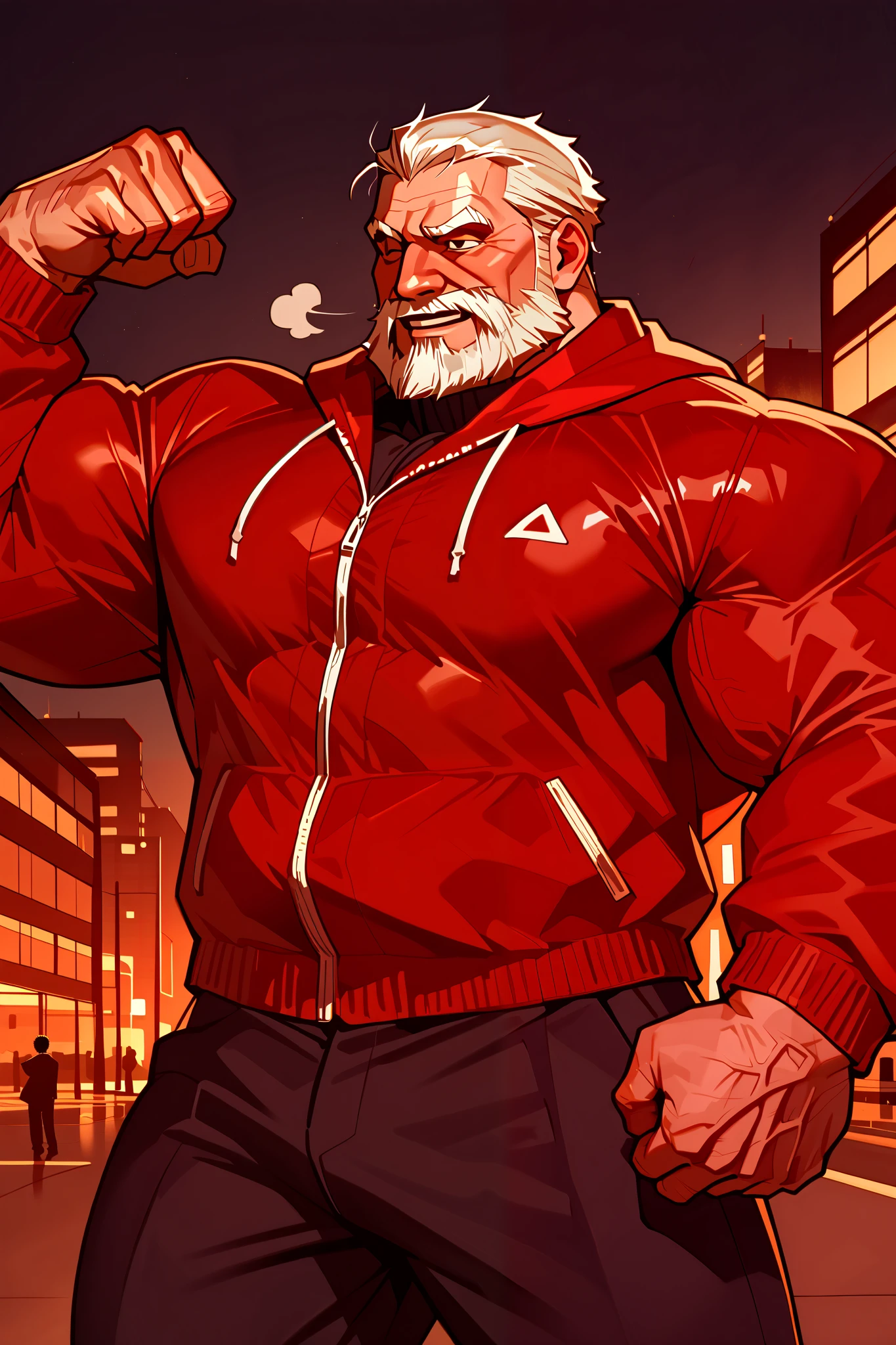 solo, 1man, A huge muscular old man Wearing red jacket in night city, (old man (huge muscular, giga Chad, bara, big arm, biggest arm, biggest muscular, biggest chest , big chest, big pec, big bicep, extremely detailed muscle, short hair, white bearded, yellow hair, human, old man), masterpiece, 8k, high detail