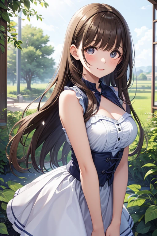 Masterpiece, Best Quality, Official Art, (Highly Detailed CG Unity 8k wallpaper), Detailed background, (Hands by Guido Daniele: 1.1), Feet outside the frame, First person perspective, 1, Attractive and perfect beautiful woman, girl, JK, high school girl uniform, summer, sunlight, blue sky, sunflower, wind blowing strongly, optimal ratio of four fingers and one thumb, ( curvaceous), ( White thighs: 1.12), ( Brown Long Hair: 1.12), (Ahoge: 1.13), (High Ponytail: 1.12), (Green Eyes: 1.13), Look at the Beholder, Big, (cleavage), Beautiful Face, (Blush: 1.11), (Smile: 1.11)