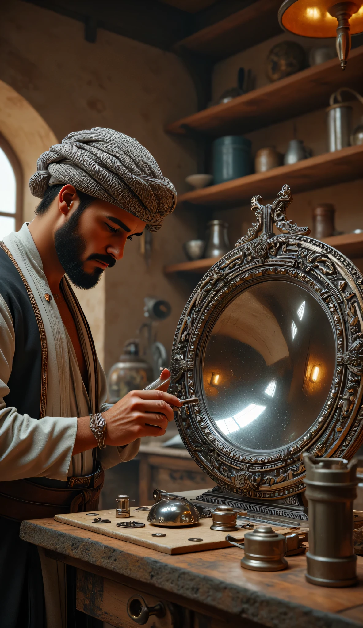 **Prompt:** wider long zoom out. Create a hyperrealistic digital artwork depicting an ancient Arabic optical reflector maker in a medieval panoramic workshop. The scene should capture a fully-body portrait of a handsome young male character, smiling as he meticulously repairs an ancient big size parabolic iron standing frame optical reflector silver mirror on a large long table in the foreground. Use a wide-angle camera lens perspective that showcases the intricate details of the workshop, adorned with optical reflector making lens tools and burgeoning techniques of ancient technology. Focus on the character's face, blending features reminiscent of actors like Johnny Depp, Hugh Jackman, and Nicolas Cage, to create a unique and captivating visage. The character is dressed in a prehistoric archaic Arab outfit, complete with a traditional turban, exuding a dynamic and authentic vibe. Ensure the composition is balanced, utilizing octane 3D rendering techniques to achieve ultra-realistic textures. Pay attention to the best photography composition and image aperture settings, capturing every detail with depth of field in a slow shutter speed effect to enhance realism. Render the artwork as a RAW photo image, employing a photorealistic style that brings the mirrormaker's world to life. Incorporate elements that resonate with the glasspunk aesthetic, potentially drawing inspiration from video game artwork like Far Cry 5 while ensuring the overall piece embodies the essence of ancient craftsmanship and artistry. Aim for the highest quality digital art that showcases realistic human anatomy and the intricate nature of optical mirror making in antiquity.