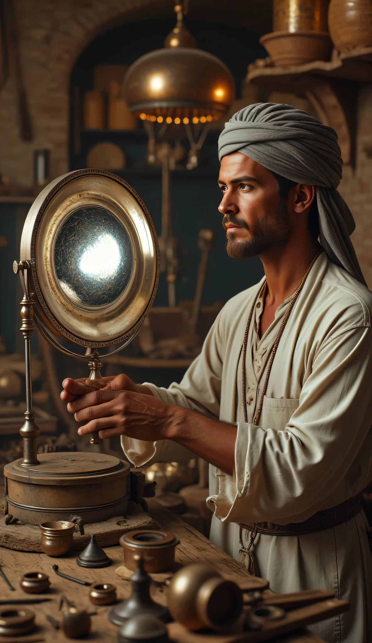 **Prompt:** wider long zoom out. Create a hyperrealistic digital artwork depicting an ancient Arabic optical reflector maker in a medieval panoramic workshop. The scene should capture a fully-body portrait of a handsome young male character, smiling as he meticulously repairs an ancient big size parabolic iron standing frame optical reflector silver mirror on a large long table in the foreground. Use a wide-angle camera lens perspective that showcases the intricate details of the workshop, adorned with optical reflector making lens tools and burgeoning techniques of ancient technology. Focus on the character's face, blending features reminiscent of actors like Johnny Depp, Hugh Jackman, and Nicolas Cage, to create a unique and captivating visage. The character is dressed in a prehistoric archaic Arab outfit, complete with a traditional turban, exuding a dynamic and authentic vibe. Ensure the composition is balanced, utilizing octane 3D rendering techniques to achieve ultra-realistic textures. Pay attention to the best photography composition and image aperture settings, capturing every detail with depth of field in a slow shutter speed effect to enhance realism. Render the artwork as a RAW photo image, employing a photorealistic style that brings the mirrormaker's world to life. Incorporate elements that resonate with the glasspunk aesthetic, potentially drawing inspiration from video game artwork like Far Cry 5 while ensuring the overall piece embodies the essence of ancient craftsmanship and artistry. Aim for the highest quality digital art that showcases realistic human anatomy and the intricate nature of optical mirror making in antiquity.