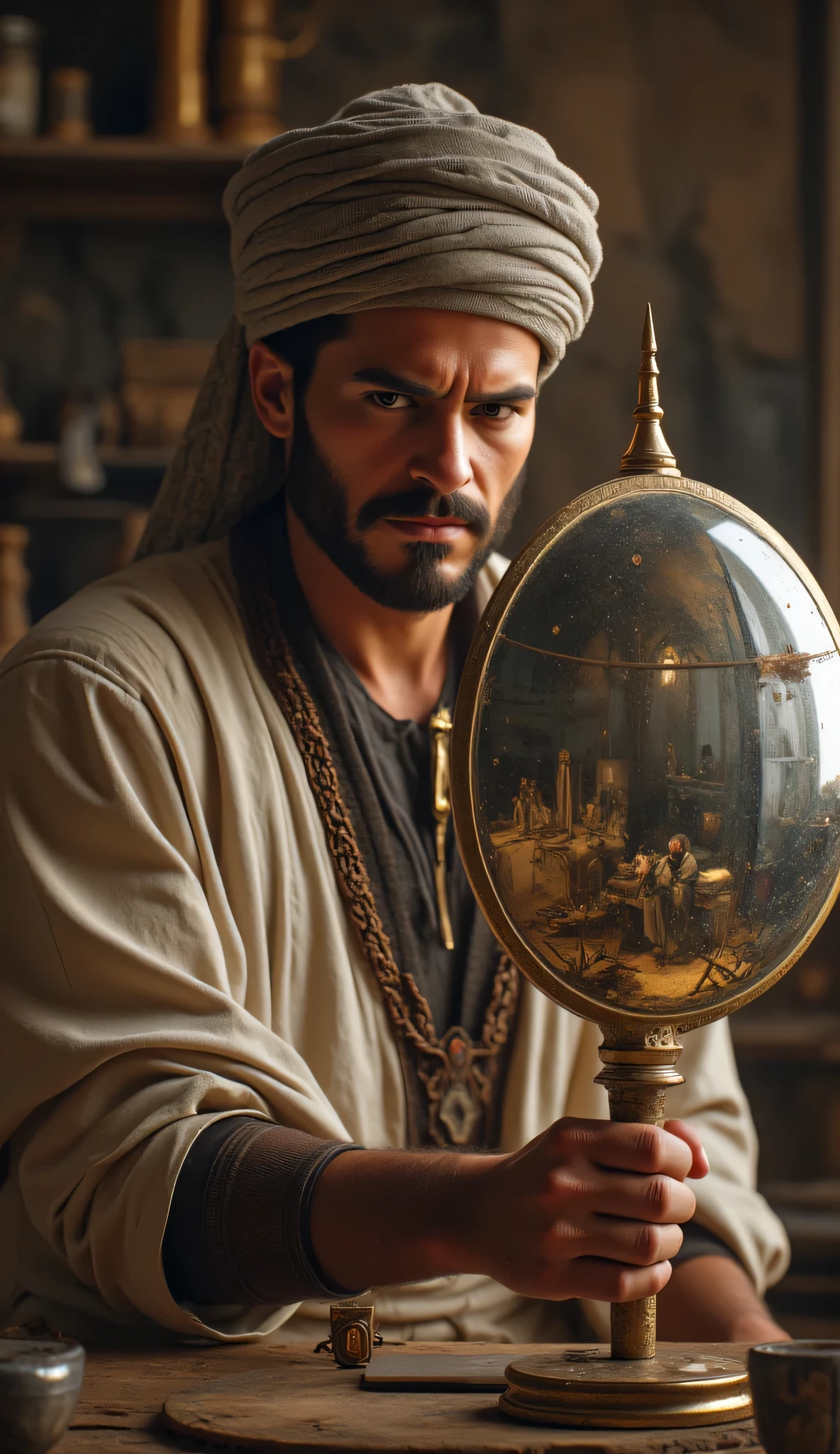 **Prompt:** wider long zoom out. Create a hyperrealistic digital artwork depicting an ancient Arabic optical reflector maker in a medieval panoramic workshop. The scene should capture a fully-body portrait of a handsome young male character, smiling as he meticulously repairs an ancient big size parabolic iron standing frame optical reflector silver mirror on a large long table in the foreground. Use a wide-angle camera lens perspective that showcases the intricate details of the workshop, adorned with optical reflector making lens tools and burgeoning techniques of ancient technology. Focus on the character's face, blending features reminiscent of actors like Johnny Depp, Hugh Jackman, and Nicolas Cage, to create a unique and captivating visage. The character is dressed in a prehistoric archaic Arab outfit, complete with a traditional turban, exuding a dynamic and authentic vibe. Ensure the composition is balanced, utilizing octane 3D rendering techniques to achieve ultra-realistic textures. Pay attention to the best photography composition and image aperture settings, capturing every detail with depth of field in a slow shutter speed effect to enhance realism. Render the artwork as a RAW photo image, employing a photorealistic style that brings the mirrormaker's world to life. Incorporate elements that resonate with the glasspunk aesthetic, potentially drawing inspiration from video game artwork like Far Cry 5 while ensuring the overall piece embodies the essence of ancient craftsmanship and artistry. Aim for the highest quality digital art that showcases realistic human anatomy and the intricate nature of optical mirror making in antiquity.