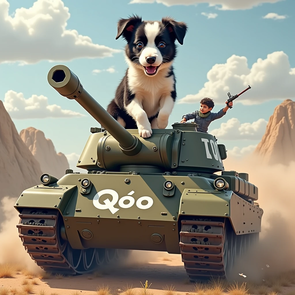 Paper craft style finish。Dachshund Longhaired Brown、Wearing an officer's uniform、Wearing sunglasses、Smoking a cigar、Boarding a firing tank、On the tank body「JTt」It is written、The background is a starry sky、A group of Dachshund soldiers march through a fierce battlefield.、Explosions are happening too