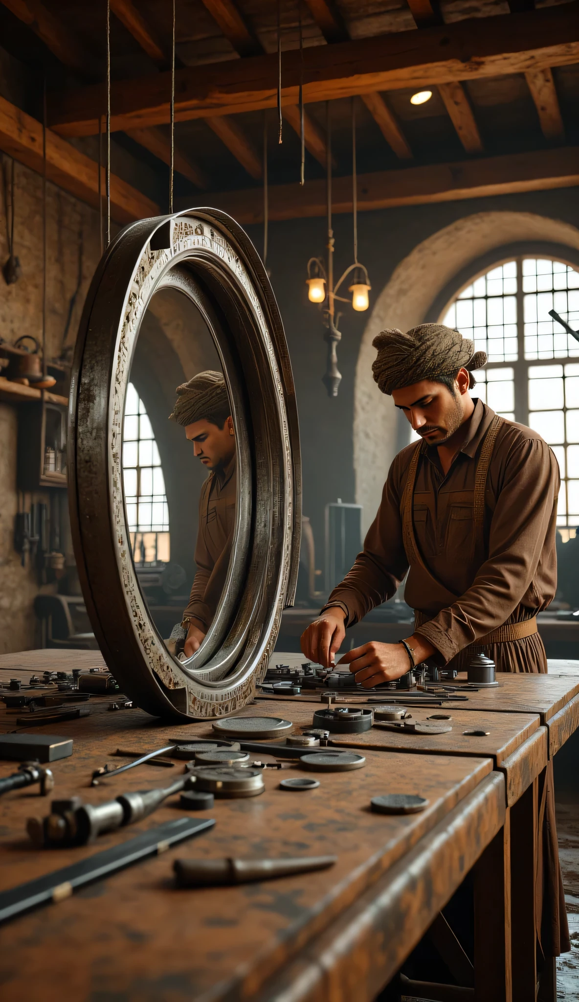 **Prompt:** wider long zoom out. Create a hyperrealistic digital artwork depicting an ancient Arabic optical reflector maker in a medieval panoramic workshop. The scene should capture a fully-body portrait of a handsome young male character, smiling as he meticulously repairs an ancient big size parabolic iron frame optical reflector silver mirror on a large long table in the foreground. Use a wide-angle camera lens perspective that showcases the intricate details of the workshop, adorned with optical reflector making lens tools and burgeoning techniques of ancient technology. Focus on the character's face, blending features reminiscent of actors like Johnny Depp, Hugh Jackman, and Nicolas Cage, to create a unique and captivating visage. The character is dressed in a prehistoric archaic Arab outfit, complete with a traditional turban, exuding a dynamic and authentic vibe. Ensure the composition is balanced, utilizing octane 3D rendering techniques to achieve ultra-realistic textures. Pay attention to the best photography composition and image aperture settings, capturing every detail with depth of field in a slow shutter speed effect to enhance realism. Render the artwork as a RAW photo image, employing a photorealistic style that brings the mirrormaker's world to life. Incorporate elements that resonate with the glasspunk aesthetic, potentially drawing inspiration from video game artwork like Far Cry 5 while ensuring the overall piece embodies the essence of ancient craftsmanship and artistry. Aim for the highest quality digital art that showcases realistic human anatomy and the intricate nature of optical mirror making in antiquity.