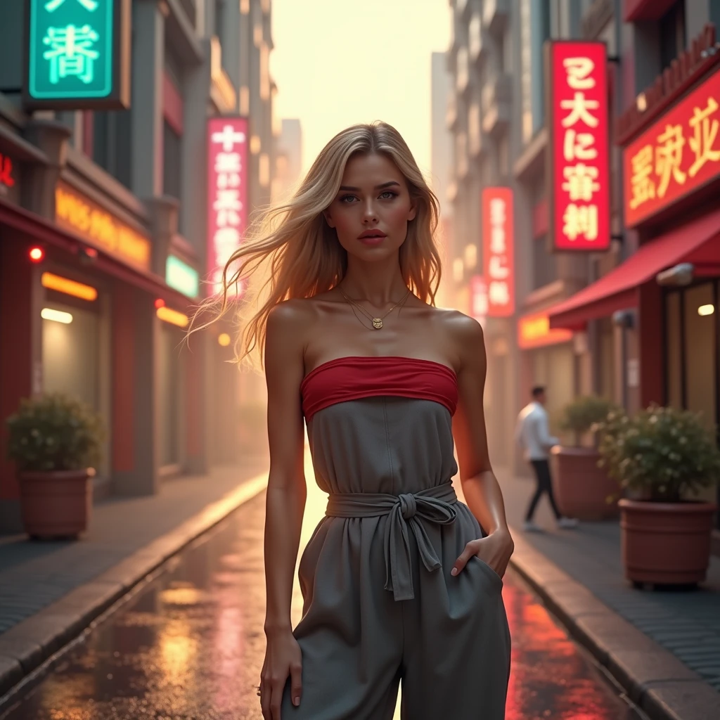 Grunge Fashion (Edgy and Raw)
<lora:MilaAmour_SDXL_v1.0:1>
the image features a blonde woman named MoCSamadhi , a beauty photo, masterpiece photography, Shanghai alleyway, glowing lanterns, city lights, nightscape, neon signs, atmospheric, dense volumetric fog
(dynamic pose, dynamic angle, rule of thirds, complementary background, dramatic lighting, lens flare, muted color grading, muted colors, desaturated colors)
Wide aperture, harsh lighting with strong contrasts, realistic film grain, dark and muted color palette, strong vignette, minimal blur for a gritty feel, sharp focus on the model's face and clothing with ripped or distressed clothing and bold makeup.
These examples demonstrate how to adjust lighting, color palettes, blur effects, and other elements to achieve distinct photographic styles for model photography.