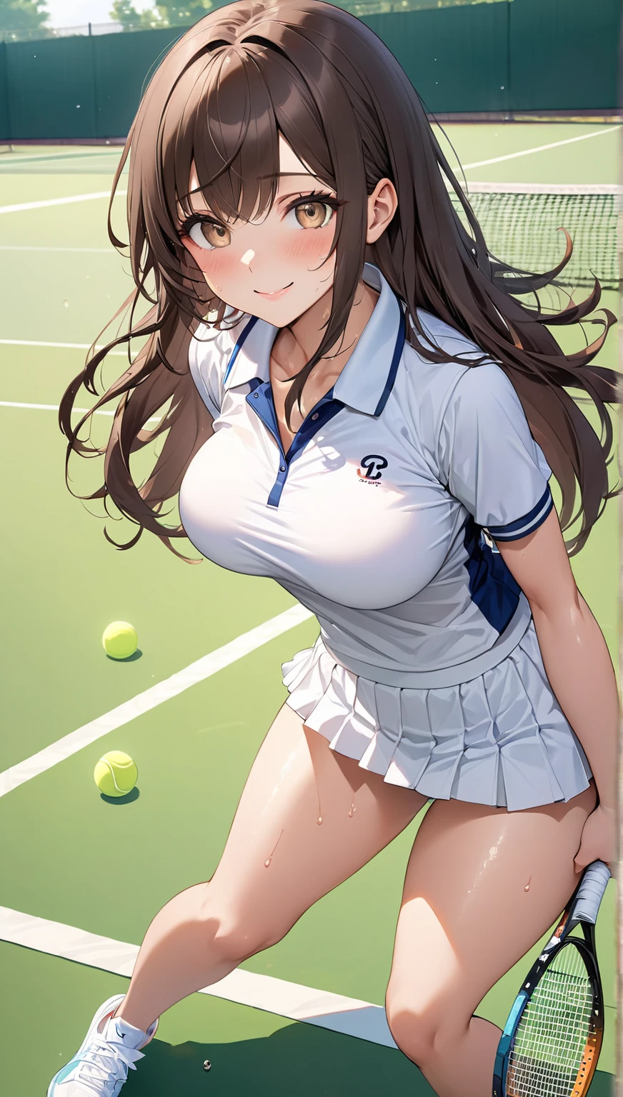 (masterpiece:1.3, top-quality, ultra high res, ultra detailed), (realistic, photorealistic:1.4), beautiful illustration, perfect lighting, natural lighting, colorful, depth of fields, nsfw, vulgality,
beautiful detailed hair, extremely detailed face, beautiful detailed eyes, beautiful clavicle, beautiful body, beautiful chest, beautiful thigh, beautiful legs, beautiful fingers,
looking at viewer, (from above), 1 girl, japanese-bitch, 24 years old, (perfect ???????, anatomically correct, super detailed skin), cute and symmetrical face, perfect face, perfect eyes, perfect body, perfect fingers, (very tanned shiny skin), (skindentation), shiny skin,
(middle hair, straight hair, brown hair), swept bangs, maroon eyes, long eyelashes, (large breasts, large hip, seductive thighs), slender, outstanding style,
((sexy shiny light blue tennis uniform)), sun visor,
(beautiful scenery), daytime, (stennis court:1.2), ((sexy pose, ??????)), standing, (parted lips),