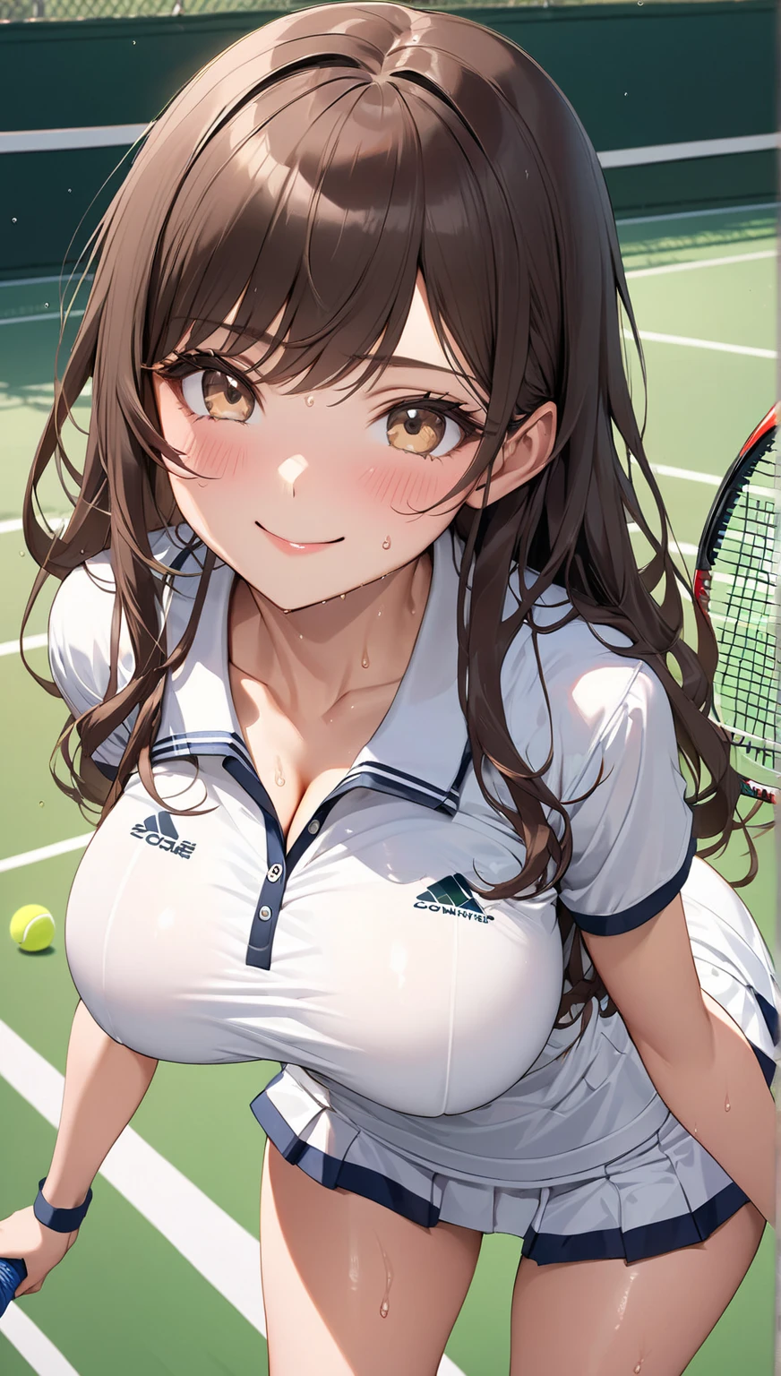 ((masutepiece, Best Quality, hight resolution, nffsw, Perfect Pixel, 4K, nffsw, nffsw))), 1girl in, Single, Solo, Beautie、full body seen、 ((Middle Wave Hair, Bangs, Brown hair)), ((Brown-eyed, Beautiful eyelashes, Realistic eyes)), ((Detailed face, Blushing:1.2)), ((Smooth texture:0.75, Realistic texture:0.65, Photorealistic:1.1, Anime CG style)), medium breasts, Dynamic Angle, Perfect body, Tennis Wear, Shirts with short sleeve collar、pleatedskirt,breasts looking、(no-bra、See-through nipples)、、, tennis coat、during daytime、stick out buttocks、sexy pose、Very embarrassing panic smile、、