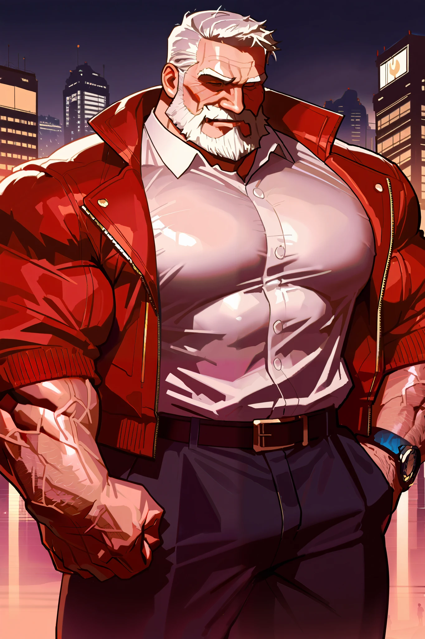 A huge muscular old man Wearing red jacket in night city, (old man (huge muscular, giga Chad, bara, big arm, biggest arm, biggest muscular, biggest chest , big chest, big pec, big bicep, extremely detailed muscle, short hair, white bearded, yellow hair, human, old man), masterpiece, 8k, high detail