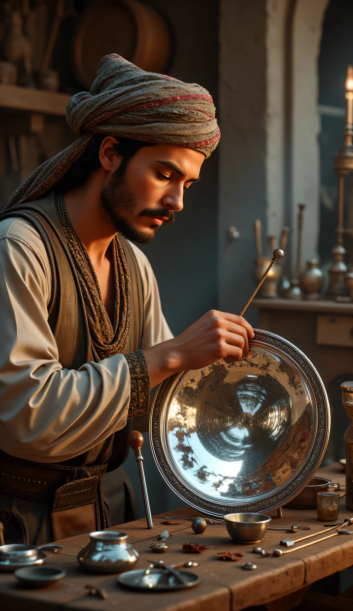 **Prompt:** wider long zoom out. Create a hyperrealistic digital artwork depicting an ancient Arabic optical reflector maker in a medieval panoramic workshop. The scene should capture a fully-body portrait of a handsome young male character, smiling as he meticulously repairs an ancient big size parabolic iron standing frame optical reflector silver mirror on a large long table in the foreground. Use a wide-angle camera lens perspective that showcases the intricate details of the workshop, adorned with optical reflector making lens tools and burgeoning techniques of ancient technology. Focus on the character's face, blending features reminiscent of actors like Johnny Depp, Hugh Jackman, and Nicolas Cage, to create a unique and captivating visage. The character is dressed in a prehistoric archaic Arab outfit, complete with a traditional turban, exuding a dynamic and authentic vibe. Ensure the composition is balanced, utilizing octane 3D rendering techniques to achieve ultra-realistic textures. Pay attention to the best photography composition and image aperture settings, capturing every detail with depth of field in a slow shutter speed effect to enhance realism. Render the artwork as a RAW photo image, employing a photorealistic style that brings the mirrormaker's world to life. Incorporate elements that resonate with the glasspunk aesthetic, potentially drawing inspiration from video game artwork like Far Cry 5 while ensuring the overall piece embodies the essence of ancient craftsmanship and artistry. Aim for the highest quality digital art that showcases realistic human anatomy and the intricate nature of optical mirror making in antiquity.