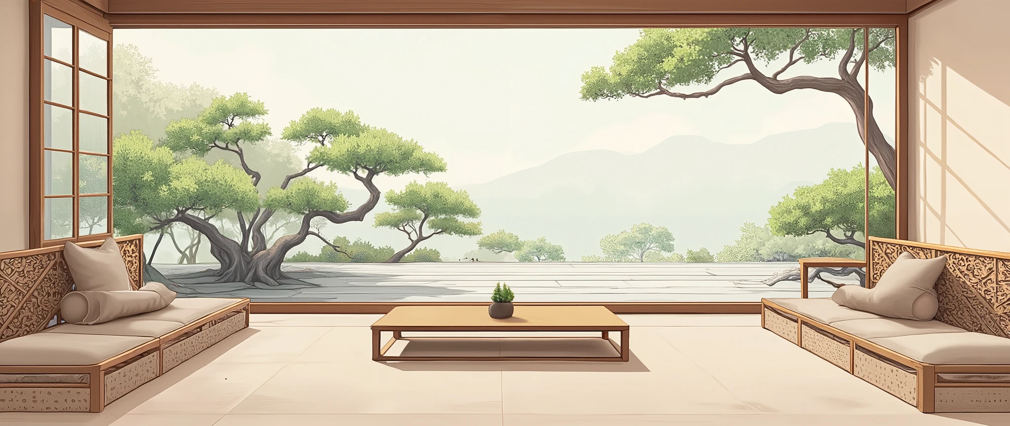 illustration in soft colors predominating , minimalism of a Japanese style living room with window to see the minimalist Japanese garden with bonsai trees, the stage evokes energy and elegance