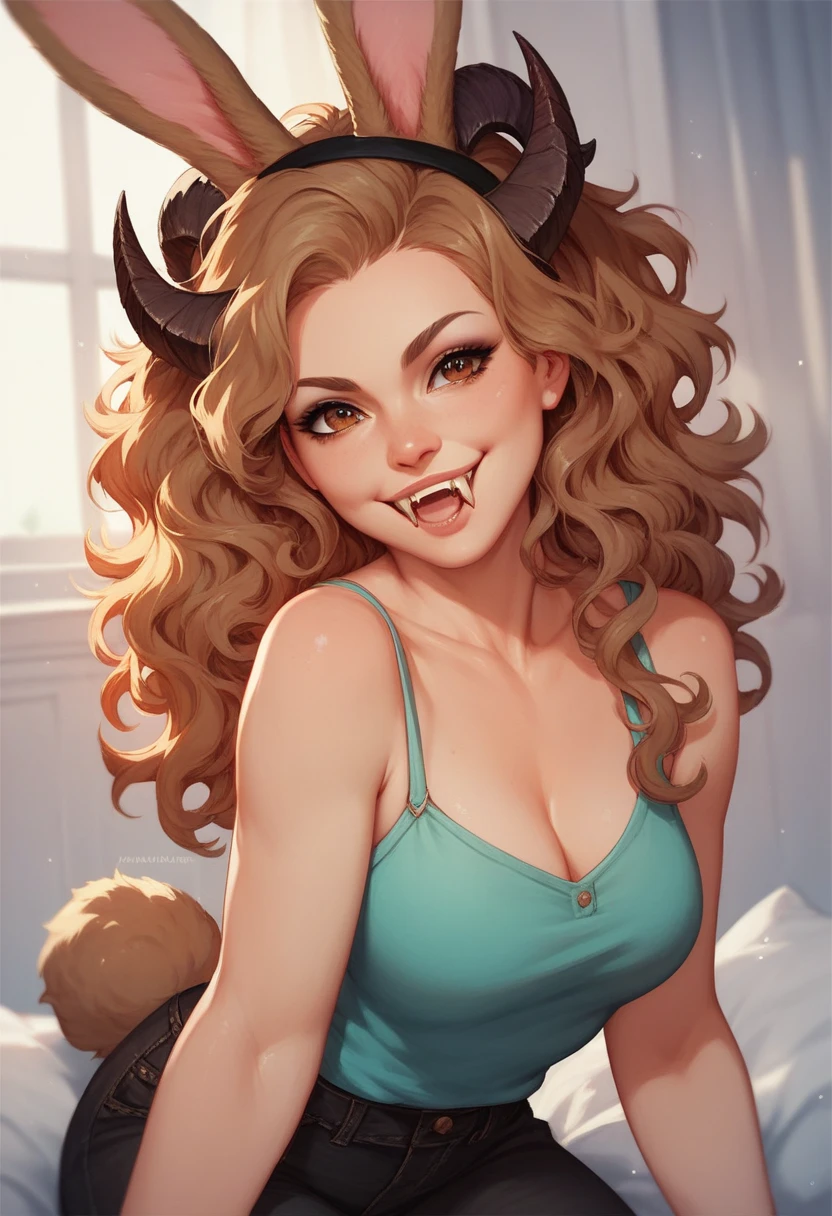 score_9, score_8_up, score_7_up, score_6_up, score_5_up, score_4_up, 1girl, emma_watson, solo, extreme detail, Masterpiece, Best Quality, beautiful, high res image, rating_explicit,evil smile,demon horns, succubus,Expression biting lower lip, golden eyes, golden hair, wheat-colored skin, wearing light lace pajamas, pushing the door open, leaning forward, (seductive:1.1), night, moonlight,