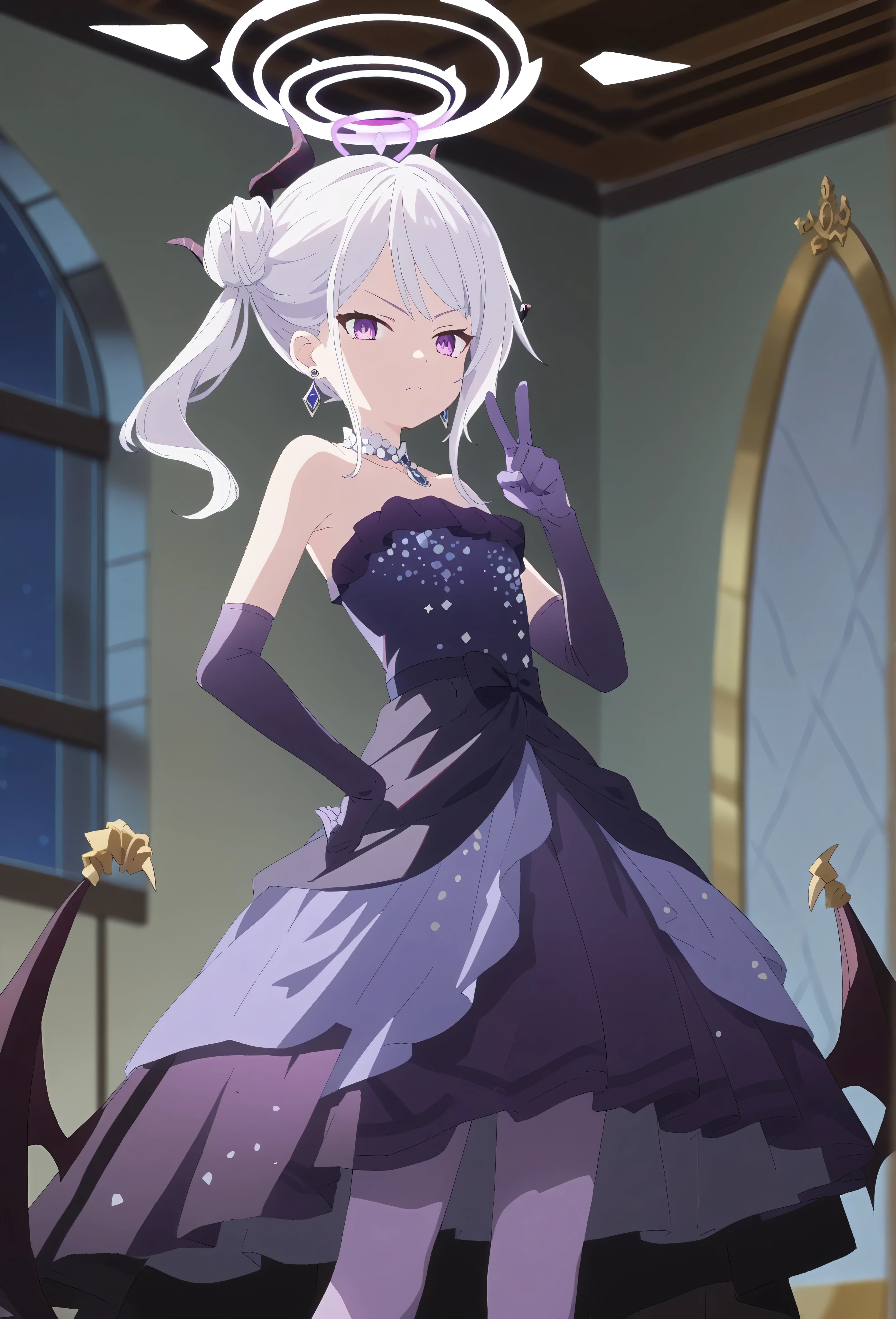 score_9, score_8_up, score_7_up, anime coloring, anime screencap,
BREAK
1girl, solo, cowboy shot, hinadr, white hair, long hair, bangs, purple eyes, side ponytail, halo, jewelry, earrings, demon wings, demon horns, hair bun, small breasts,
purple dress, purple gloves, elbow gloves, purple pantyhose, strapless dress, alternate costume, looking at viewer, hand on own hip, bent over, (pointing at viewer:1.3), hand on own hip, staring, serious, night sky, indoors,