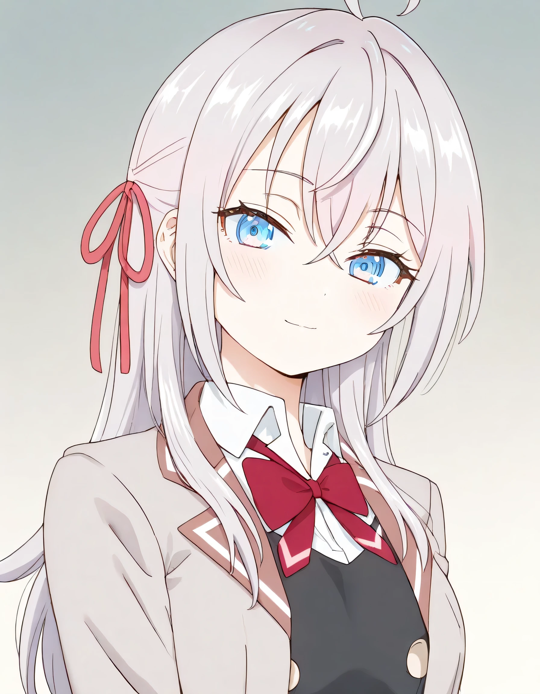 masterpiece, best quality, amazing quality,
1girl, solo, looking at viewer, gradient background, upper body, light smile,
long hair, silver hair, ahoge, crossed bangs, red hair ribbon, sidelocks, blue eyes,
school uniform, grey jacket, open jacket, long sleeves, red bow, white shirt, collared shirt, black vest, buttons,
alisa mikhailovna kujou (roshidere),
