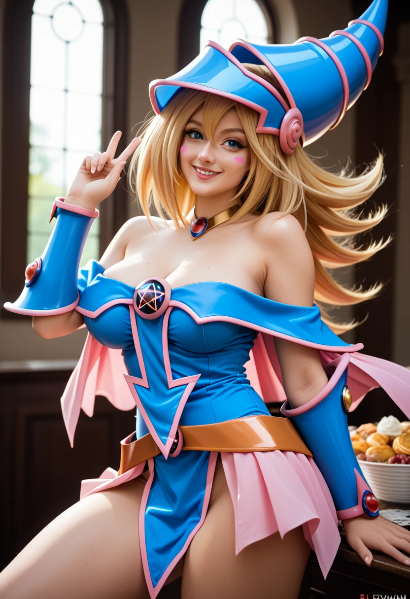 (masterpiece:1.2), (The best quality:1.2), perfect lighting, Dark Magician Girl casting a spell, in battle. floating in the air, visible medium tits, transparent neckline, blue robe, big hat, from above, Sparkles, Yugioh game, The magic of the heart. LIGHTS OF THE HEART, Romantic heart. She wears heels. has heels. Wear heels