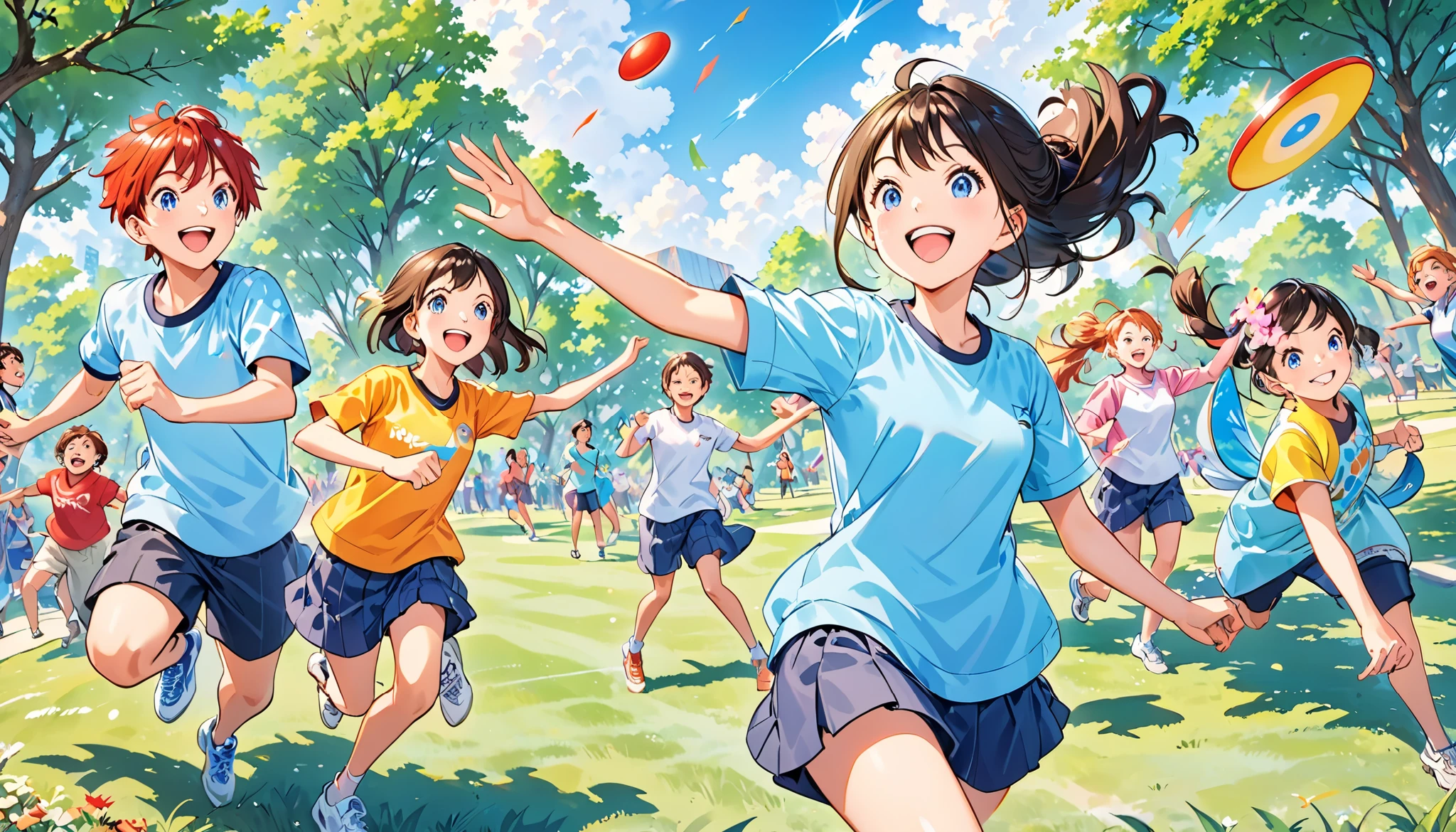 "A vibrant outdoor scene with a group of energetic people playing DODGEBEE in a sunny park. Smiling faces, dynamic action poses, and a colorful flying disc soaring through the air. The players are diverse in age and gender, wearing sporty casual outfits. The background features lush green grass, trees, and a bright blue sky. The atmosphere is lively and fun, capturing the excitement and teamwork of the game."