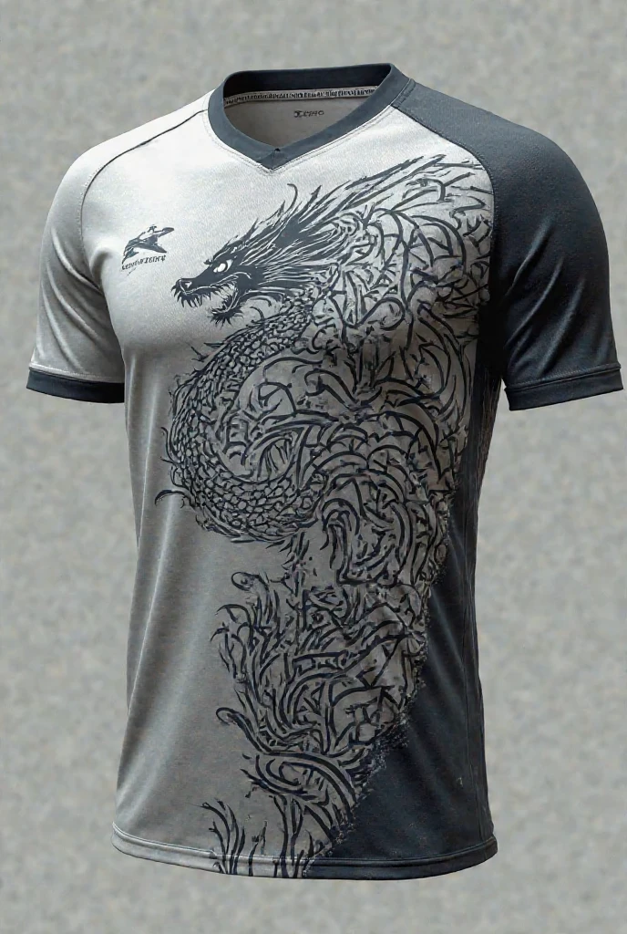 Make me a white football style shirt, with a dragon printed on the shirt, climbing up it, the color of dragons is black, on the right of the shirt, On the chest, Written 1A