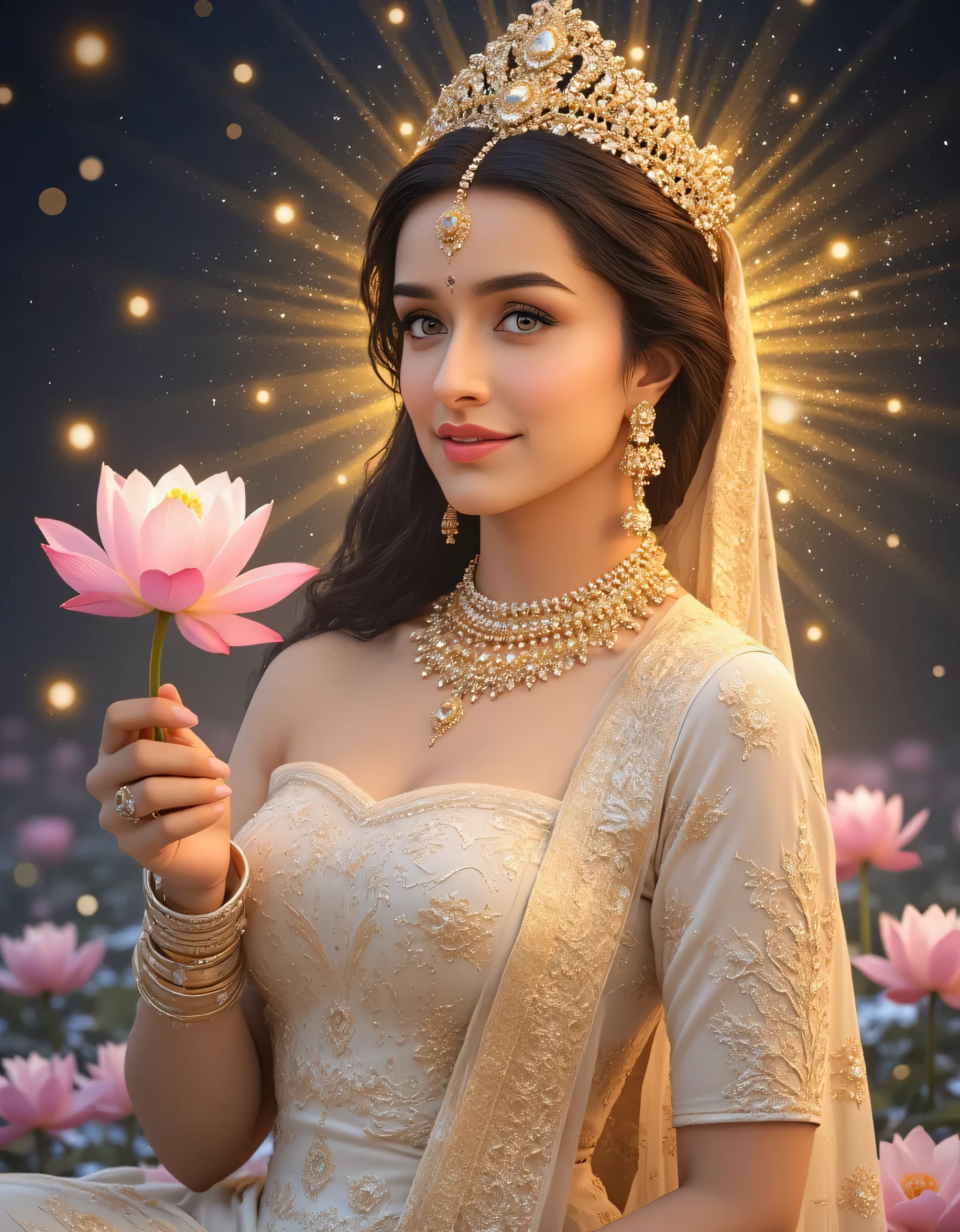 Goddess of wisdom, she is the goddess of education and prosperity of the entire universe, a divine energy radiating from her, she is Goddess Saraswati, Hindu goddess Maa Saraswati, wearing light cream saree and golden full-sleeve bouse, saree with heavy golden embroidery, heavy bridal jewellery and bangles, she possess a huge crown on head, glowing aura behind her head, playing a divine Sitar ( indian music instrument Sitar), sitting on white-pink lotus in the pond, holding two lotus in another two hands, the background is set to be inside temple ruins, of a dark mystical temple, ancient temple, water sparkling, a huge white glowing beautiful Swan (( Swan)) floating near her, pollen grains in atmosphere, glowing points in atmosphere, hyper detailed, add some anime flavor but overall illustration will be realistic, shot taken with Sony 55 mm lens, bg blur:1.4, smiling face:1.0, head down