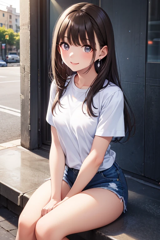 (masterpiece), (portrait), (aesthetic), (beautiful), (upper blody), (high quality), (aesthetic clothings), (professional angle), (rule of thirds), (Feminine), (woman), (female), (beautiful),(feminine features), (25 years), (solo), (1), 1 woman, (attractive Japanese), Summer, Natural light, (Sitting), Fresh Makeup, (Small bust), ((holding a -)), (Front face), (Smiling expression), ((Happy and Cute Mood)), Headband, ((Medium hair)), (Brown hair), (Wavy hair), (Silky hair), Glossy shine hair, (Hairpin and Ribbons in hair), (Brown eyes), (Playful and Youthful look), (Fair skin), (Pastel clothing), (T-Shirt), (Denim Shorts), (Sneakers), Scoop Neck neckline), ((Urban background)), (- in background), (Medium Shot shot), beautiful hands, two hands, normal hands, two arms, complete hands, beautiful body, beautiful fingers, normal fingers, five fingers, five fingers, (Thumb index meddle ring little fingers), beautiful ears, normal ears, beautiful eyes, shiny eyes, beautiful mouth, beautiful lips,