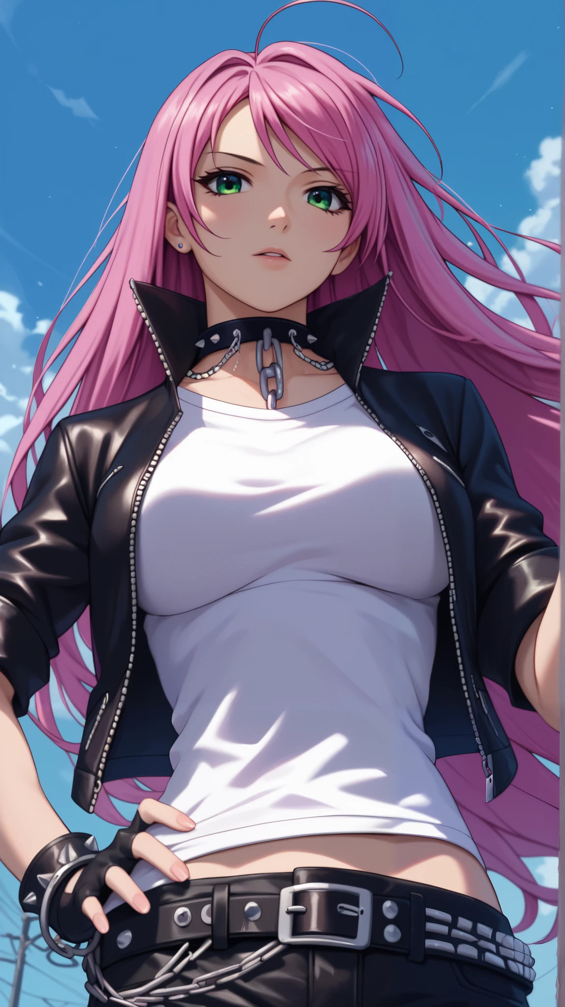 normal moka akashiya, long hair, green eyes, pink hair, ahoge, large breasts, The main piece is a black leather jacket or vest, heavily embellished with metallic studs, chains, and dark lace, Underneath, a dark, lacy blouse or a band t-shirt can be worn, paired with a short, frilly skirt or tight leather pants to enhance the gothic look,BREAK,Accessories might include combat boots, a choker with spikes or Gothic motifs, and fingerless gloves