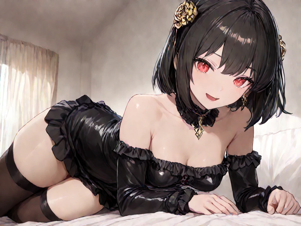 ((Mejor calidad)), (detallado), estilo anime, crimson red eyes, pelo negro y corto, una figura sexi y voluptuoso estilo hentay, and let it be gothic, con una piel palida, what a black dress with a Harry Potter theme, y pelo un poco alborotado y con cara de pervertida