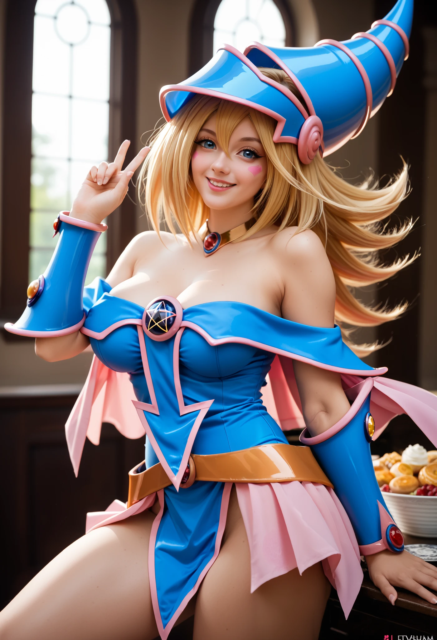 Dark magician girl, big breasts, thick thighs, wearing her classic outfit, she is smiling, making a sensual pose, she looks serious and sensual, details of the face, details of the body, задумчивость.