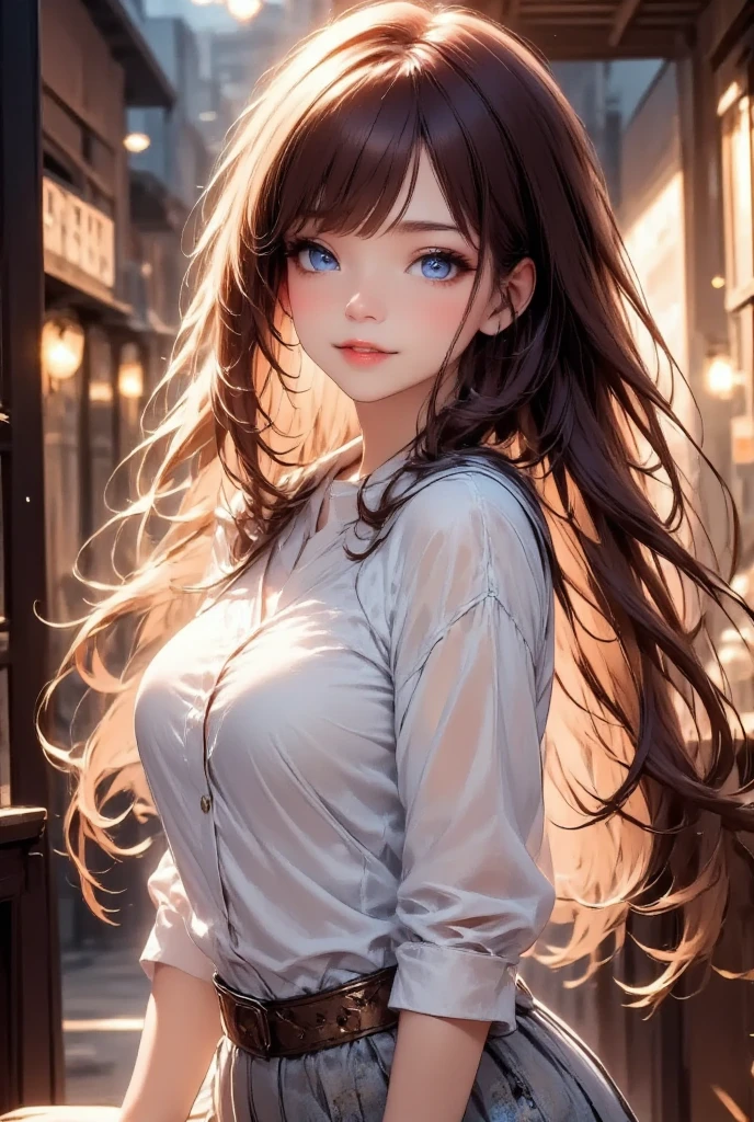 very detailed background, mesa, Best Quality, 1 woman, Alone, ((mesa, Best Quality)),better aesthetics, eye shadows, Wavy Red Hair, Brown eyes, loose hair , smile, by the wide, Curly hair, looking at the viewer, medium breasts, Brown hair, ripped red top, ripped shorts