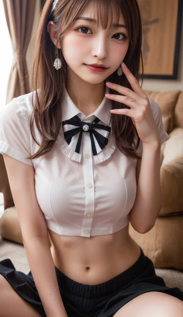 1girl, solo, small , light smile, white serafuku, long sleeves, white skirt, white pantyhocrop top, double-breasted,
cshot, , underboob, black ascot, very Big breasts, burst ultra huge breast, laeast, huge tits