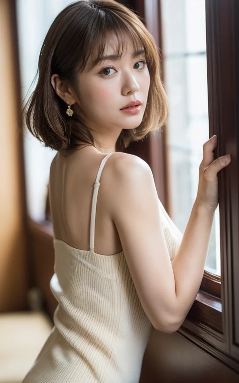 20-year-old Korean girl with a photorealistic face, showcasing top-quality craftsmanship. Her slender frame is adorned with short, messy hair. The artwork is high-resolution, allowing for ultra-detailed features to be captured flawlessly. The girl is depicted without a bra, and her dress is slightly lifted, revealing a glimpse of her playful panties. The focus lies on the realistic pupils, showcasing depth and emotion.