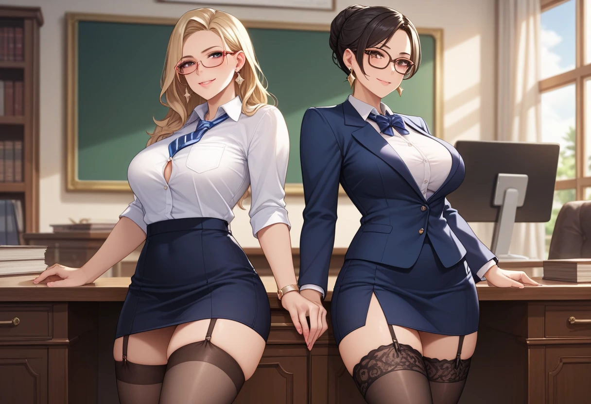 Masterpiece, a beautiful young woman, (fantasy school library background), ((naughty outfit)), open shirt, (very short skirt), (stockings), loose tie, glasses, (medium breasts), perfect body, blonde hair, legs, (skin texture:1.1), best quality, ultra high res, (photorealistic: 1.4), Raw photo, Rich Colors, Realistic, Cinestill 800, backlight, rimlighting, studiolighting, Penthouse photoshoot
