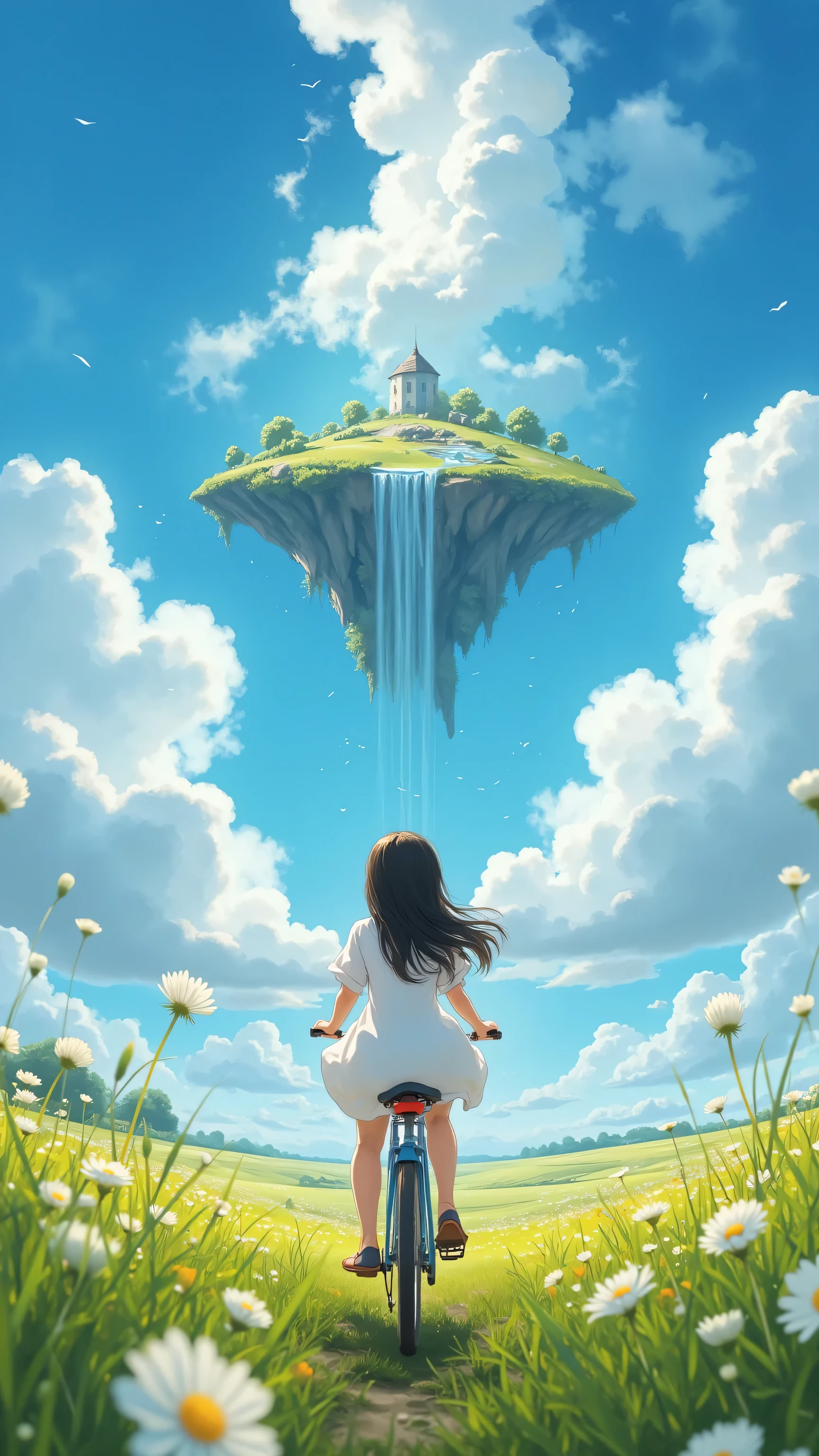 (masterpiece:1.5), (best quality),  8k resolution,  Ultra HD Details, Real photography style,  
The background of a young girl in the center of the picture，Low angle looking up view，She rides a retro bike， wearing a white dress ，long hair flutters with the wind，  
Surreal cartoon beauty surrounding it：A transparent island that floats、A field of glowing dandelions、rainbow waterfall and candy-colored clouds，  
The soft light shines from the top of the screen，Create a healing atmosphere，The depth of field enhances the spatial level，  
 style blend ：Real Portrait Photography × Ghibli Animated Scenes × Van Gogh Starry Brushstrokes