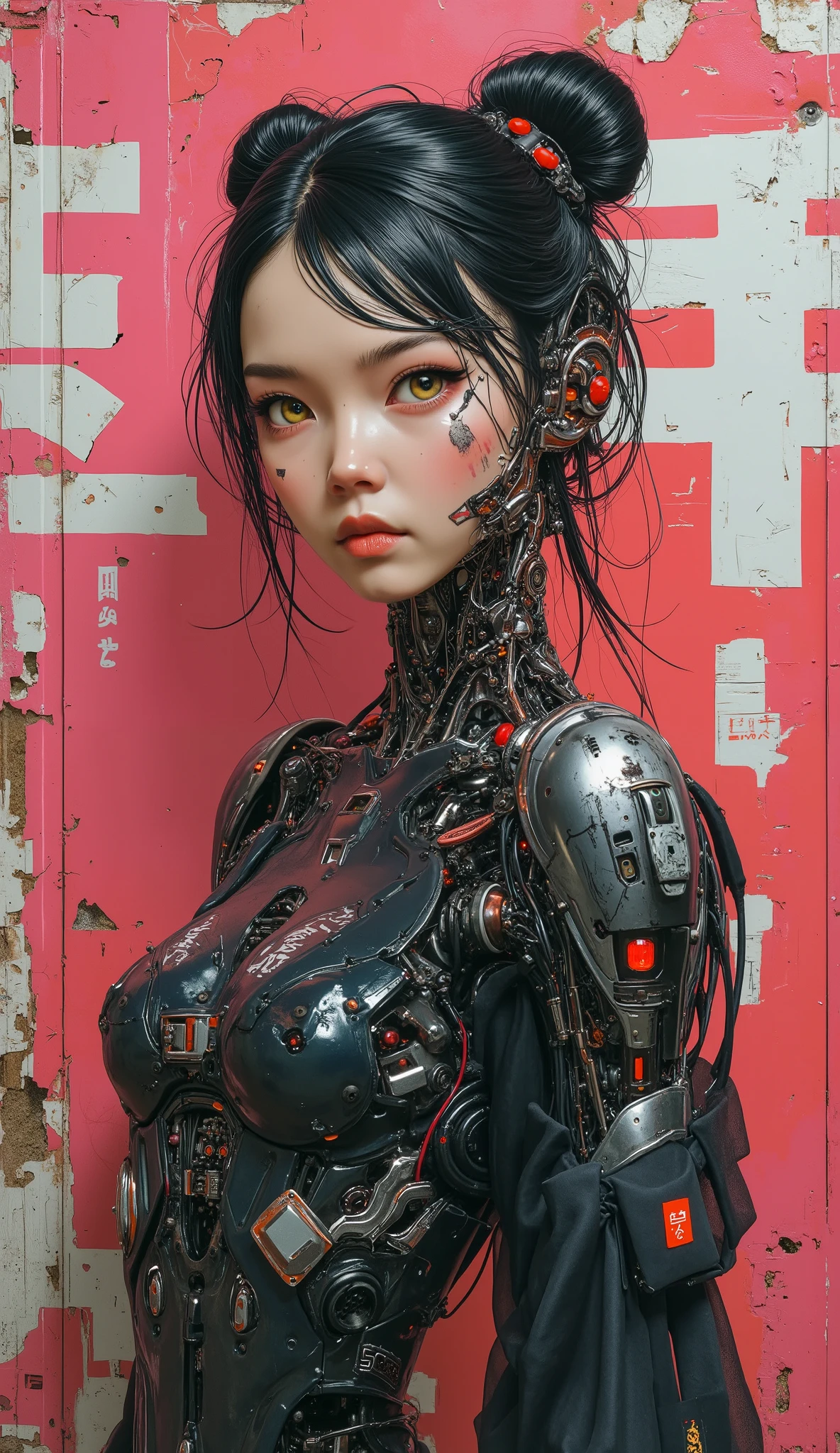 Exquisite 3d manga techno cyborg 3d ainme model, super soldier and concubine, ashtonishing and iconic,  Masterpiece, spectacular anime 3D photorealism. score_9, presenting the amazingly gorgeous Yuko a beautiful Japanese techno cyborg 3D anime machine human, twin buns hairstyle, shot against a distressed red burnt pink wall,torn and ripped white distrssed japanese kanji lettering, sexy animetion::1.6, distressed black bodysuit, tight fitting, c-cup breasts, stylish black carbon fibre and matte black and red steel mechanical robotic neck, intricate details, her futuristic ghost body shell is has been designed by Hanka Robotics, a sexy geikobot synthetic human cyborg anime 3d girl, shes breathtakingly beautiful with an attractive face, (she has awesome white futuristic engraved tattoos on black metal frame, immaculate proportions, cute scifi japanese pop culture shinobi girls, perfect facial features, very attractive, Yuko is also a cyber-supermodel, (((OMG her beautiful dazzling hazel green eyes))), (intriguing, enigmatic, intricate detailing with retro futuristic gothic cyberpunk body mech, black latex tactical techwear bodysuit, (arnold render, maya modelling, zbrush, (exquisite material design),animated 3D machine manga, created by the elusive, poison pill project(trip-p), lovrz-ovrdoz, intricate details, stylish, spectacular artistic fusion, shallow depth of field, close up. Stylish japanese avant garde anime technopunk, a neo-gothic cyberpunk retro renaissance character art, underground futuristic industrial anime. Balanced cinematic lighting, offset noise, high contrast light, dramatic and intense, extraordinary and poetic symmetry, stylised immaculate and balanced proportions, in-frame.