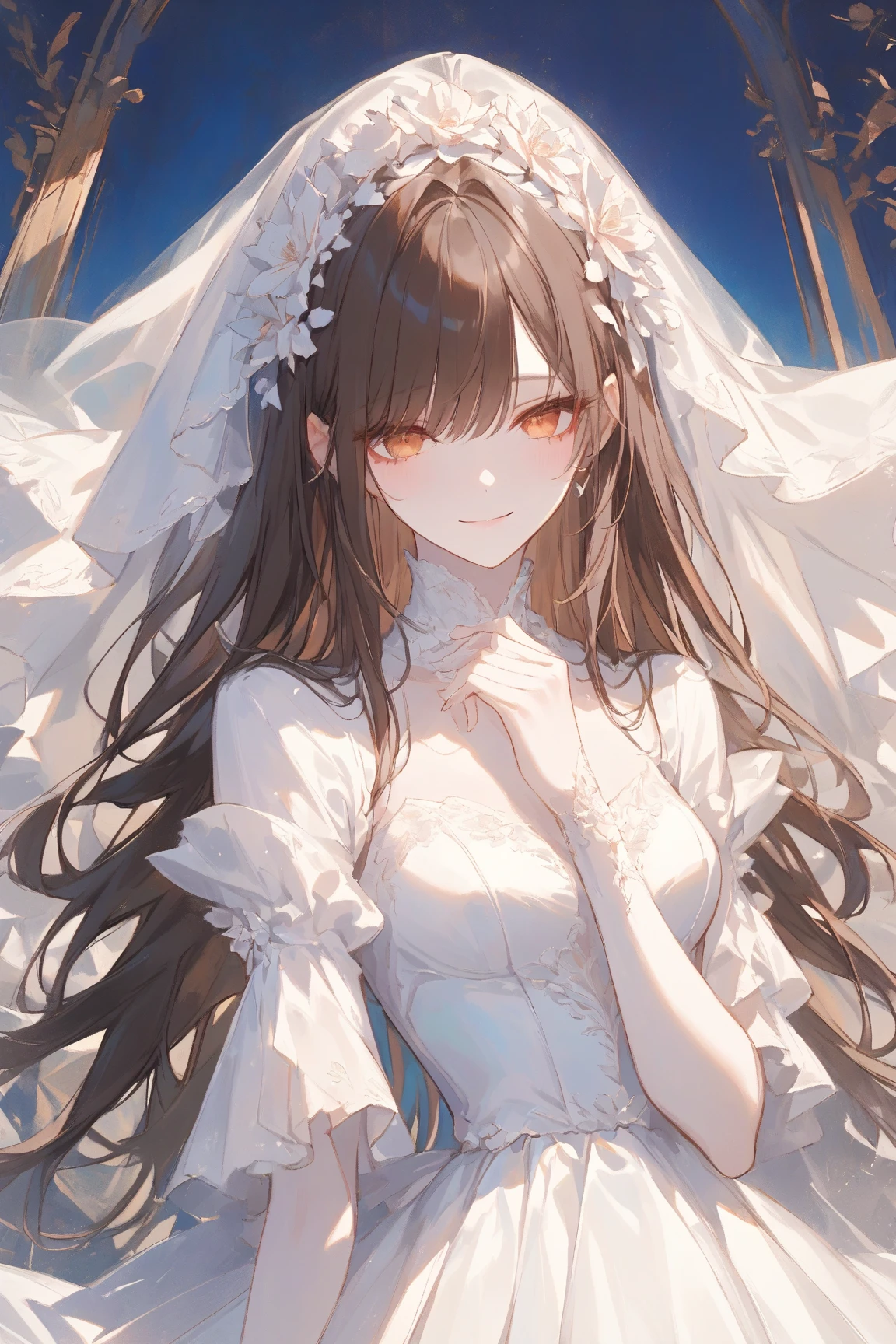 A girl，Long hair, bangs, Black hair, Hair between the eyes, s eyes，blue eyes:（1.5),  (Medium breasts:1.2), 
rest clavicle, Wedding dress，veil，wedding，White Dress，Flowers，The skirt is broken，White socks，Tights，White knee socks，
Looking at the audience, whole body,
indoors, church，permanent，permanent，
rest (masterpiece:1.2), best quality, high resolution, Unity 8K wallpaper, (illustration:0.8), (Beautiful and delicate eyes:1.6), Extremely detailed face, Perfect lighting, Extremely detailed CG, (Perfect hands, Perfect anatomical structure),