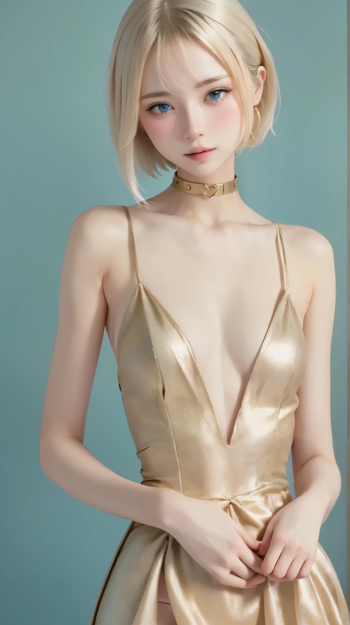 RAW shooting、Photorealsitic、masuter piece、one girls、a 、Very cute、Slender and beautiful、((small tits:1.2))、7Head and body、Meticulously drawn eyes、Attractive eyes、Twin-tailed、little giant、a choker、fine sequin dress、champagne gold dress、Chess gangte sleeveless dress with bold opening、Anguished poses、Luxurious dance hall、dimly lit dance hall、small title background