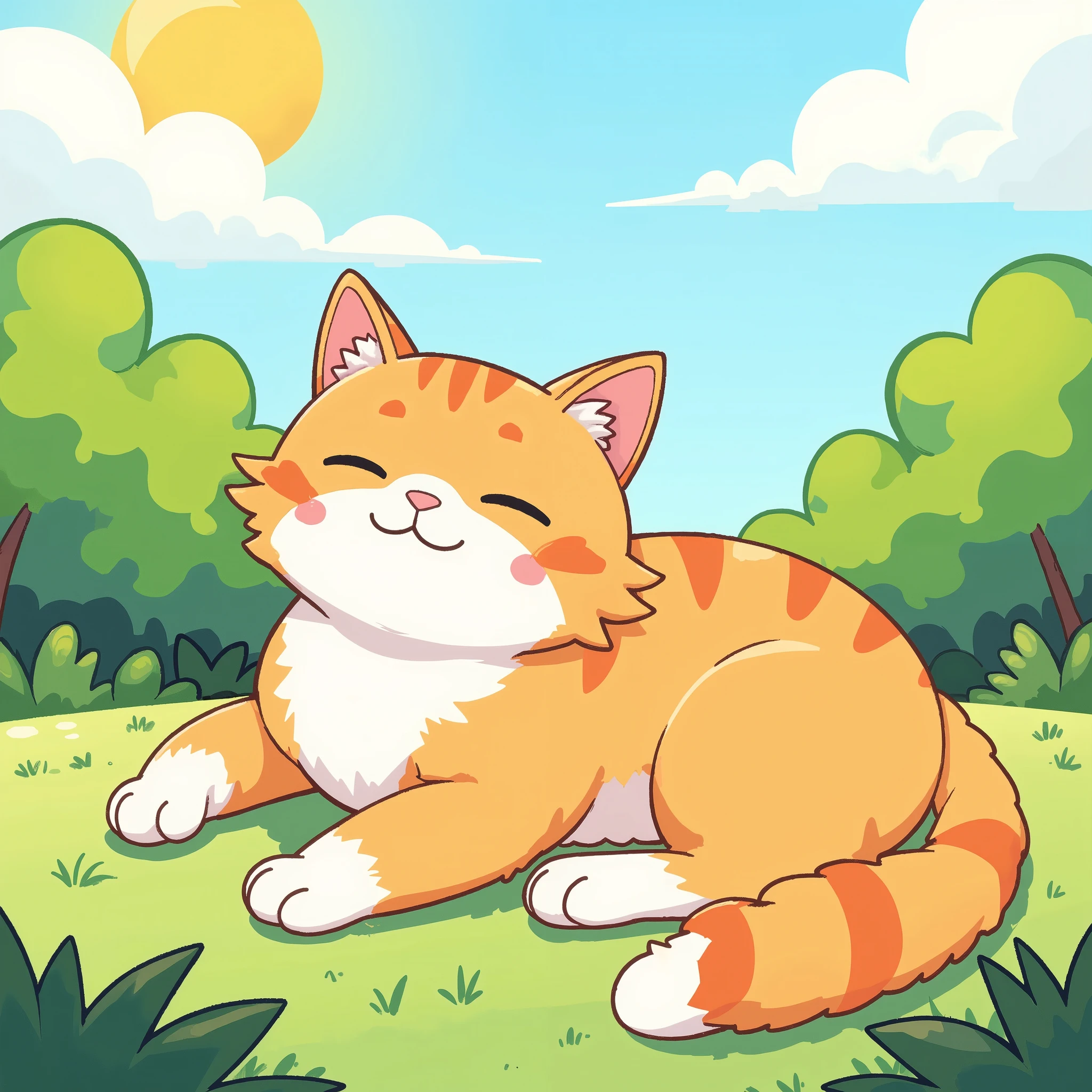 Scenery of a cat basking in the sun、Simple Illustration “Even s Can Draw”、“easy-to-understand patterns” where each part is not too complicated、  Each part is large and easy to understand pattern、Clear Colours 、A clear pattern、Thick Line、 hand-drawn illustration、Simple lines、A clear line、2D illustration、The background also has Clear Colours The 。The design is drawn with a clear line、Touches Like a Coloring Book with All Colors Already Painted。 image painted with no gaps in the McKee 。