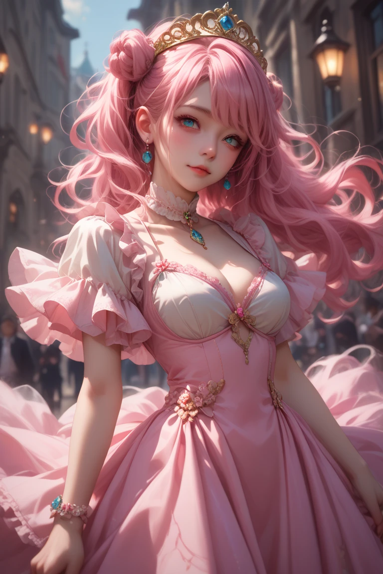 (a beautiful princess),(disney style),(pink evening dress),(scarlet red heart details embroidered all over the dress),(lace and ruffles),(pompous),(charming castle),(best quality,4k,8k,highres,masterpiece:1.2),(ultra-detailed),(realistic,photorealistic,photo-realistic:1.37),(HDR),(UHD),(studio lighting),(ultra-fine painting),(sharp focus),(physically-based rendering),(extreme detail description),(professional),(vivid colors),(bokeh),(portraits),(pink color palette),(soft and dreamy lighting)