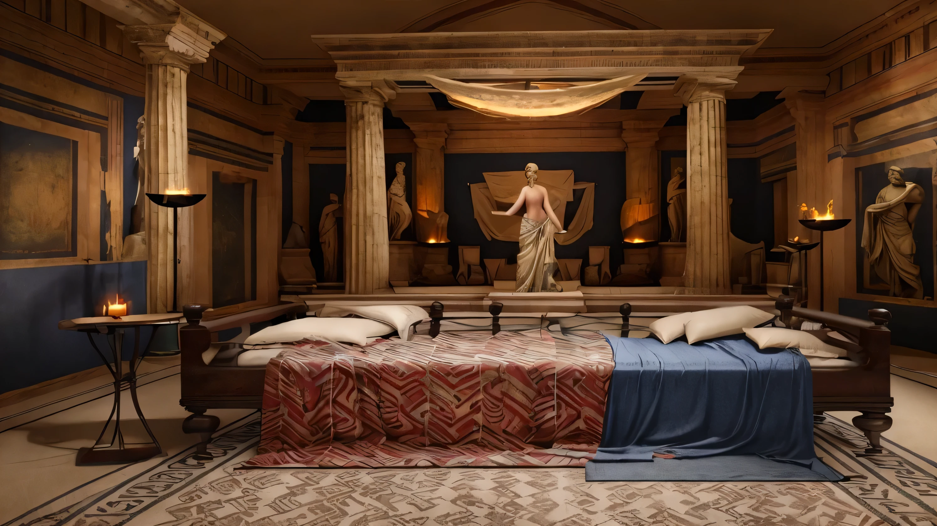 (masterpiece:1.2), (best quality,:1.2), 8k, HDR, Ultra-detailed, ((photorealistic bikini)), professional lighting, Cinematic lighting, fashion photography, ambient lighting, facial lighting, fantasy image, General Details , ancient Roman room with a statue and candles in it and a bed in the middle of the room with a blue blanket in it and a blue blanket on the floor, RomInt, EpicPhoto wider image