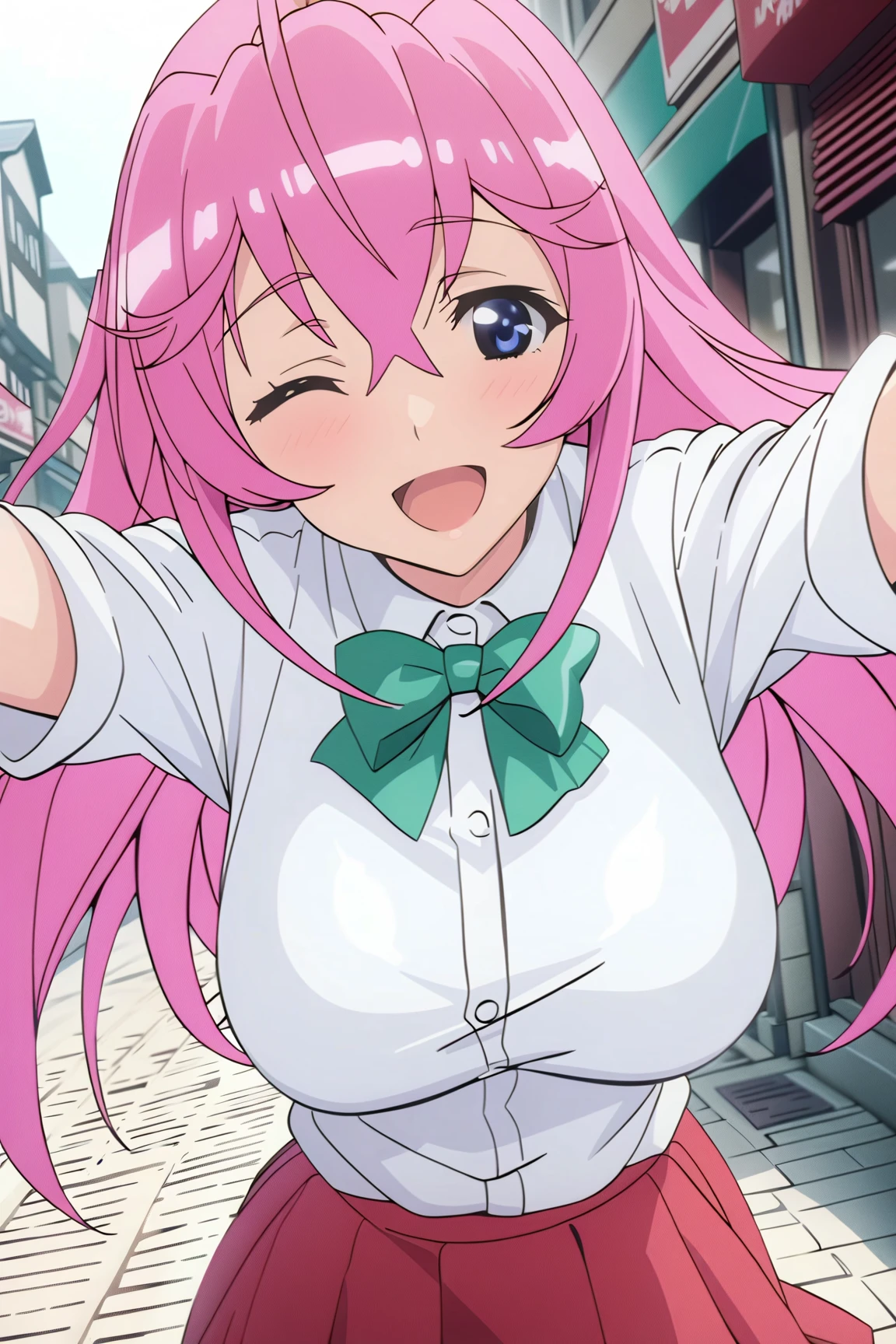 otmn,1girl,solo, pink hair, large breasts, smile,happy,open mouth, one eye closed, white shirt,school uniform, green bow, red pleated skirt, contrapposto, in town, masterpiece,best quality, very aesthetic,(anime screencap:0.8),8k,absurdres,