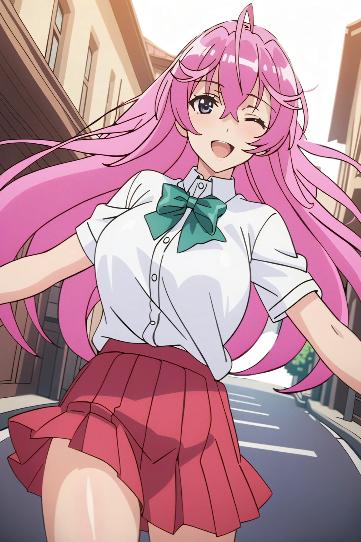 otmn,1girl,solo, pink hair, large breasts, smile,happy,open mouth, one eye closed, white shirt,school uniform, green bow, red pleated skirt, contrapposto, in town, masterpiece,best quality, very aesthetic,(anime screencap:0.8),8k,absurdres,