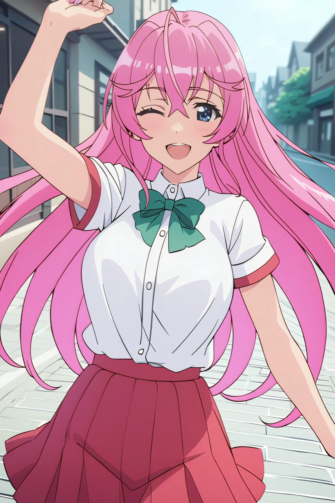 otmn,1girl,solo, pink hair, , smile,happy,open mouth, one eye closed, white shirt,school uniform, green bow, red pleated skirt, contrapposto, in town, masterpiece,best quality, very aesthetic,(anime screencap:0.8),8k,absurdres,