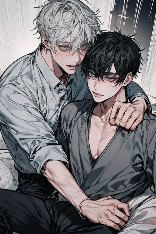 (Mastepiece), (Best Quality), Very detailed, ((Two men intimate:1.5)), Perfect Face, Beautiful Face, Very detailedな顔，(Black-haired man:1.3)，(Grey-haired man:1.3)、