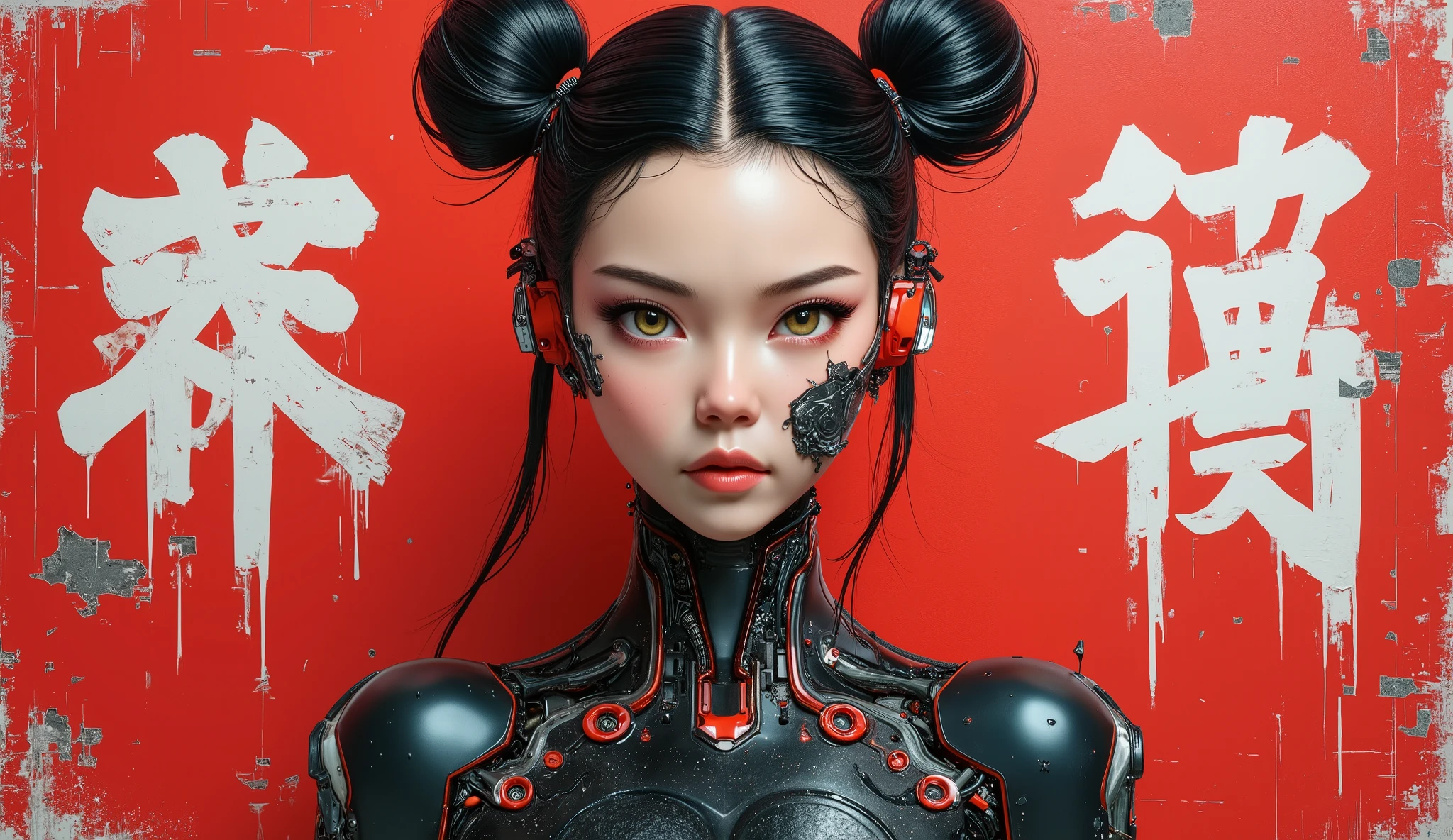 Exquisite 3D model of technological cyborg manga aimme, super soldier and concubine, amazing and iconic, masterpiece, spectacular 3D anime photorealism. score_9, introducing the stunningly gorgeous Yuko, a beautiful Chinese techno cyborg 3D anime human machine, two buns hairstyle, shot against a weathered red burnt rose wall, ripped and torn white distracted Chinese xiàngxíngzì letters, sexy animetion::1.6, worn black bodysuit, tight, C cup breasts, sleek matte black and red steel and black carbon fiber mechanical robotic neck, intricate detailing, her futuristic phantom shell has been designed by Hanka Robotics, a sexy synthetic human 3d anime cyborg girl geikobot, she is stunningly beautiful with an attractive face, (she has stunning white futuristic tattoos etched into a black metal frame, immaculate proportions, cute shinobi girls from Japanese sci-fi pop culture, perfect facial features, very alluring, Yuko is also a cyber supermodel, (((OMG her gorgeous stunning hazel green eyes))), (intriguing, Enigmatic, intricate details with a retro futuristic gothic cyberpunk mechanical body, black Latex Tactical Tech Suit (Arnold rendering, Maya modeling, ZBrush, exquisite material design), 3D animated manga, created by the elusive Poison Pill (trip-p) project, lovrz-ovrdoz. Intricate details, style, spectacular artistic fusion, shallow depth of field, close-up. Stylish Japanese avant-garde technopunk anime, retro renaissance character art, neo-gothic cyberpunk, underground futuristic industrial anime. Balanced cinematic lighting, compensating noise, high contrast light, dramatic and intense, extraordinary and poetic symmetry, stylized proportions, flawless and balanced, framing.