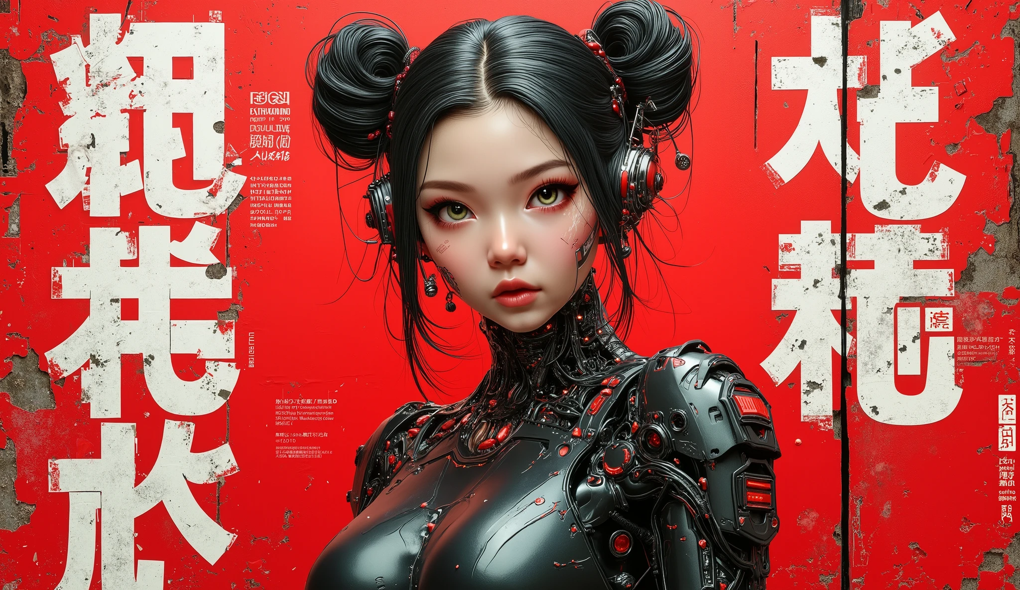 Exquisite 3D model of technological cyborg manga aimme, super soldier and concubine, amazing and iconic, masterpiece, spectacular 3D anime photorealism. score_9, introducing the stunningly gorgeous Yuko, a beautiful Chinese techno cyborg 3D anime human machine, two buns hairstyle, shot against a weathered red burnt rose wall, ripped and torn white distracted Chinese xiàngxíngzì letters, sexy animetion::1.6, worn black bodysuit, tight, C cup breasts, sleek matte black and red steel and black carbon fiber mechanical robotic neck, intricate detailing, her futuristic phantom shell has been designed by Hanka Robotics, a sexy synthetic human 3d anime cyborg girl geikobot, she is stunningly beautiful with an attractive face, (she has stunning white futuristic tattoos etched into a black metal frame, immaculate proportions, cute shinobi girls from Japanese sci-fi pop culture, perfect facial features, very alluring, Yuko is also a cyber supermodel, (((OMG her gorgeous stunning hazel green eyes))), (intriguing, Enigmatic, intricate details with a retro futuristic gothic cyberpunk mechanical body, black Latex Tactical Tech Suit (Arnold rendering, Maya modeling, ZBrush, exquisite material design), 3D animated manga, created by the elusive Poison Pill (trip-p) project, lovrz-ovrdoz. Intricate details, style, spectacular artistic fusion, shallow depth of field, close-up. Stylish Japanese avant-garde technopunk anime, retro renaissance character art, neo-gothic cyberpunk, underground futuristic industrial anime. Balanced cinematic lighting, compensating noise, high contrast light, dramatic and intense, extraordinary and poetic symmetry, stylized proportions, flawless and balanced, framing.