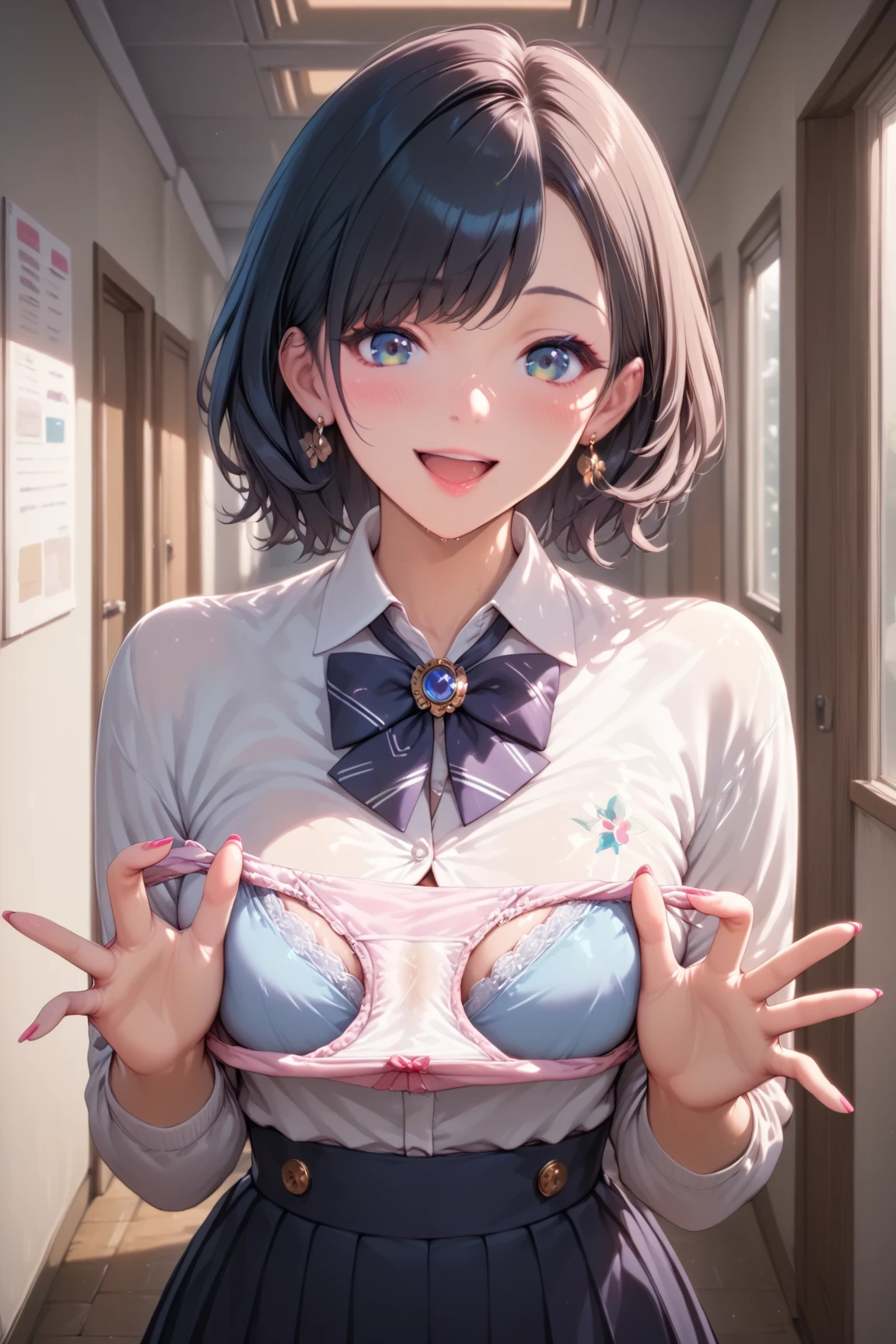 (Very detailed CG Unity 8K wallpaper),(masterpiece), (Highest quality), (Very detailed), (Best illustrations),(Best Shadow), Large Breasts,,Purple eyes and purple very short hair,,White blouse,Blue tie,Checked mini skirt(She takes off her stained panties and shows them to me),beige cardigan,
