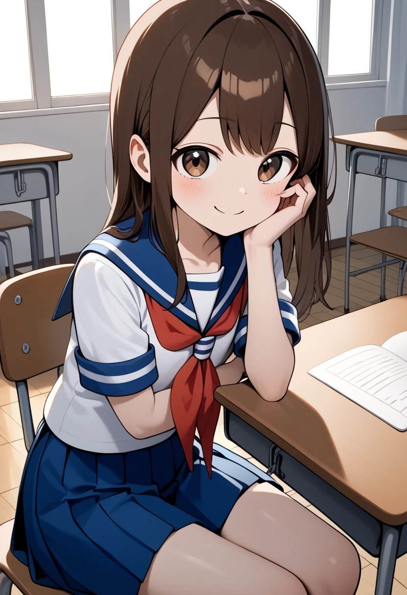 (RAW photo, 最high quality), (and soul:1.2), (1 gal), absurd, Award-winning photo, extreme details, very complicated,, detailed face + eye, ((brown hair+Orange, Mw)), (small face), 美しいeye, long eyelashes, slender body, ((Healthy tan)), There is an aura, enchanting costume, (uniform), ((smile)), ((school classroom, front pose)), full body portrait, telescope lens, shallow depth of field, realistic, very detailed, photo shoot, table top, high quality, high quality, High resolution, professional lighting, (glowing skin:0.9),from the front、
