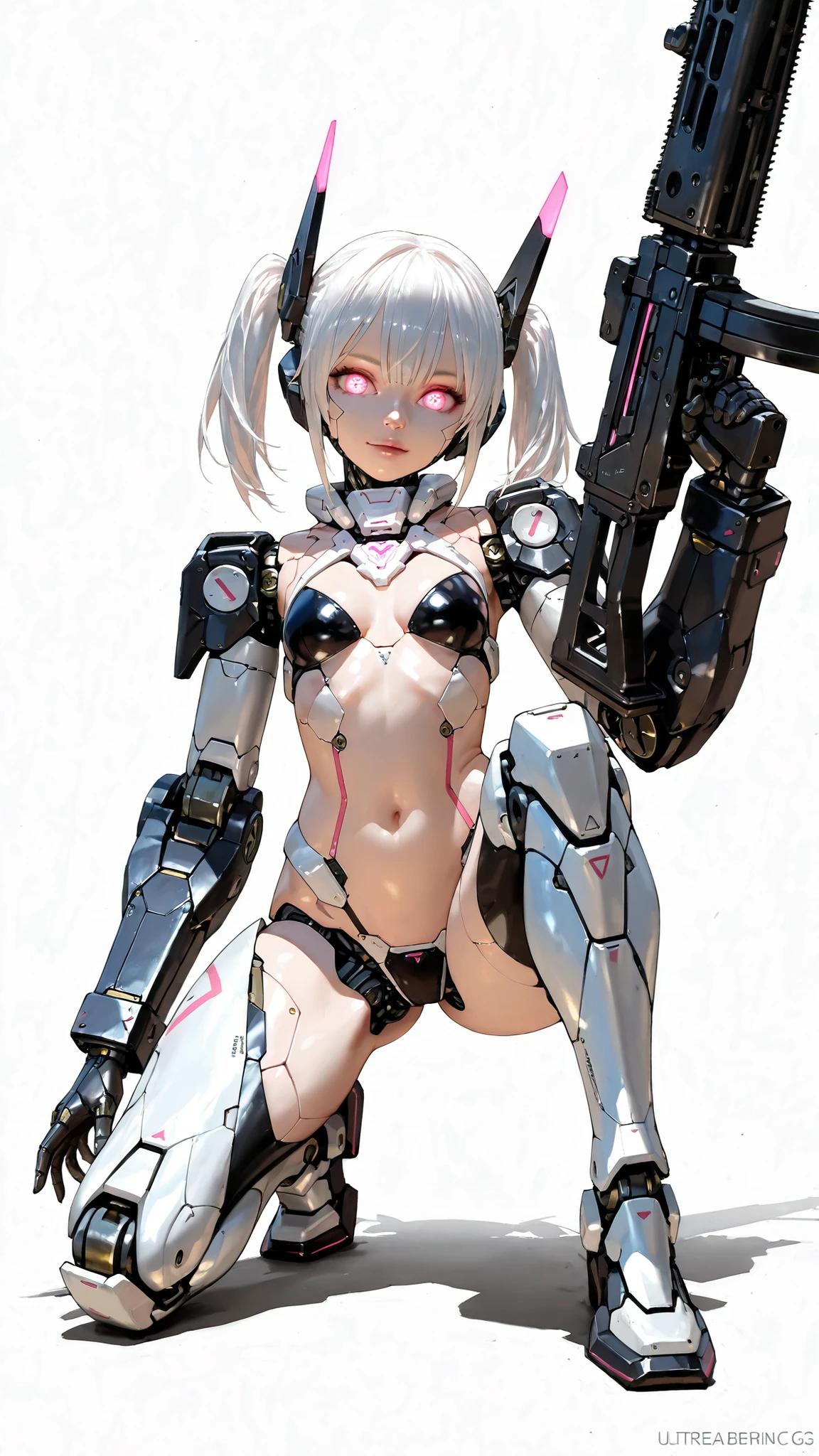nsfw, (ultra detailed, Masterpiece , best quality ,8k, high resolution, unreal engine, very aesthetic, realistic detailed CG, sharp concentration, Ultra Fine, intricate, super detailed skin, detailed beautiful face and eyes, realistic skin, perfect body), (1 girl), (cute face, white hair, twin tails, glowing eyes), (pink color:1.3, The girl is wearing a baggy heavily armored suit, Large mechanized arms and legs, mechanized jaw, bare  stomach, headgear), ((white background:1.5)), (full body, one knee), (holding machine gun), 