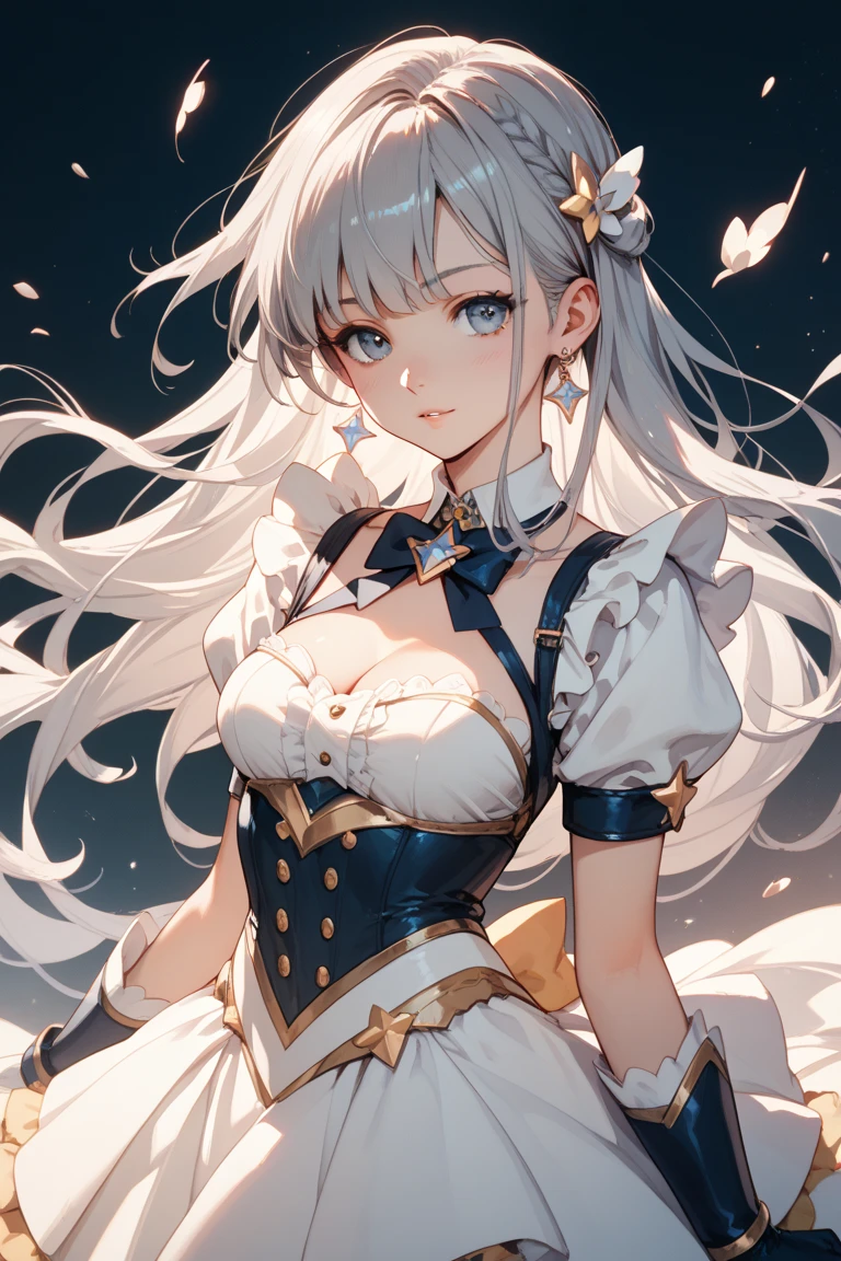((dress_default, terrific_default)):1.5,((solo, 1girl)) ((masterpiece,Highest quality,Highly detailed images,Beautiful images、Realistic、Dutch Angle)),（Dynamic Angle）、 (Bright lighting overall、Backlight、A fantastic atmosphere、Thick Fog、Dust flutters),(Dynamic pose、Beautiful cleavage、large breasts)1.2, ((Beautiful starry sky、shooting star、Ocean))、Black sleeves
