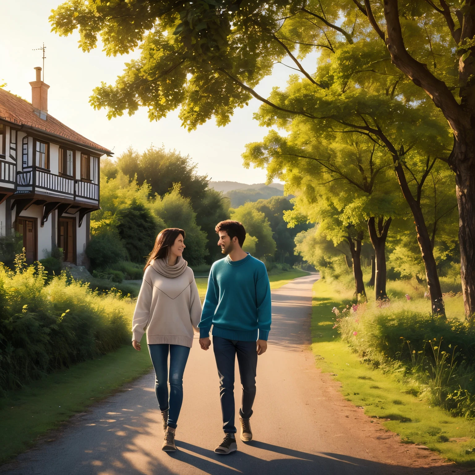 A young couple, both wearing matching blue sweaters, walks along the middle of a scenic road in a European nature park, each holding a cup of coffee. The sun casts a warm, golden glow over them, enhancing the romantic and peaceful atmosphere. They are engaged in a lively and affectionate conversation, their smiles reflecting their deep connection. Surrounding them, a picturesque European town with charming architecture and lush greenery creates a breathtaking backdrop. The road is lined with trees, with a soft breeze rustling the leaves, adding to the tranquil and idyllic setting. The overall mood is warm, serene, and filled with love.