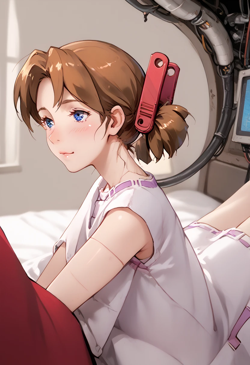 A Female robot loves herself. she wears nothing. Her Brown very short pigtails is tied with two big red clothespins, matureoid, Blue eyes, full body, Height: 160cm, flushed cheeks, sweat bucket. full body shot, looking straight. Her smile is complete.show White pantie, Look the audience, kissing to the audience. Leaning back Destroyed White of the eyes whole body Lying face up on a gynecological operating table she looks back with his eyes closed and his mouth wide open 2020s anime drawings A beautiful robot wearing green surgical gown(Half-naked)