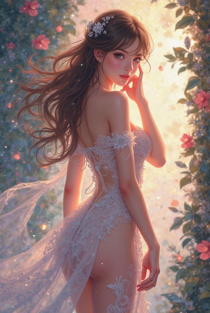 long shot, full body image, (GOOD:1.5),(highly detailed CG 8k wallpaper, masterpiece, of the highest quality, Super detailed), (better lighting, best shadows, very delicate and beautiful), floating, high saturation, dynamic angle, ((A girl)), Beautiful, Ningguang City(orchid evening dress) gray hair, Red eyes, very long hair, hair ornaments, hits, (skin wrinkles:1.3), (Soft hair:1.3),