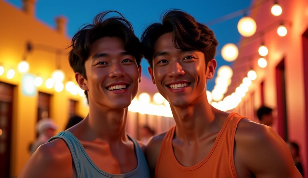 Two boys, cute, korean, embrace, upper body, in the street, bangs, muscle, sexy, white jockstrap underwear, abs, topless, city