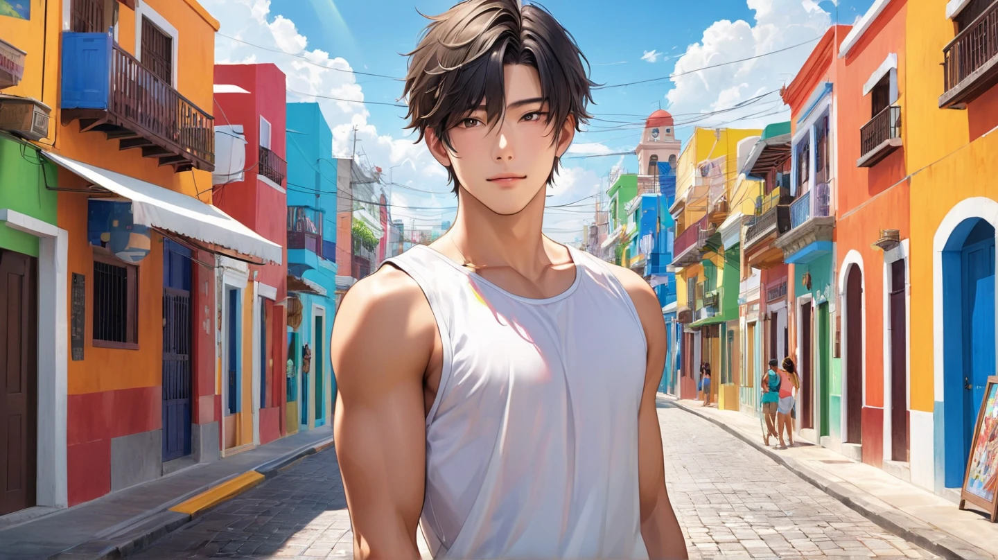 From above he looks at a city with his back to the viewer 15-year-old man has no shirt has a naked torso his hair is straight long Latin skin copper mestizo face, tiene traje tribal africano esta en el tejado de la secundaria mirando una cercana ciudad mira con miedo pensativo, (tercer plano cuerpo completo(tercer plano)A 15-year-old boy looking at the city turns his back to the shirtless camera with long blue hair and mestizo brown skin rasgoz stands on the fifth floor on the roof of the high school looking at a city in the distance............